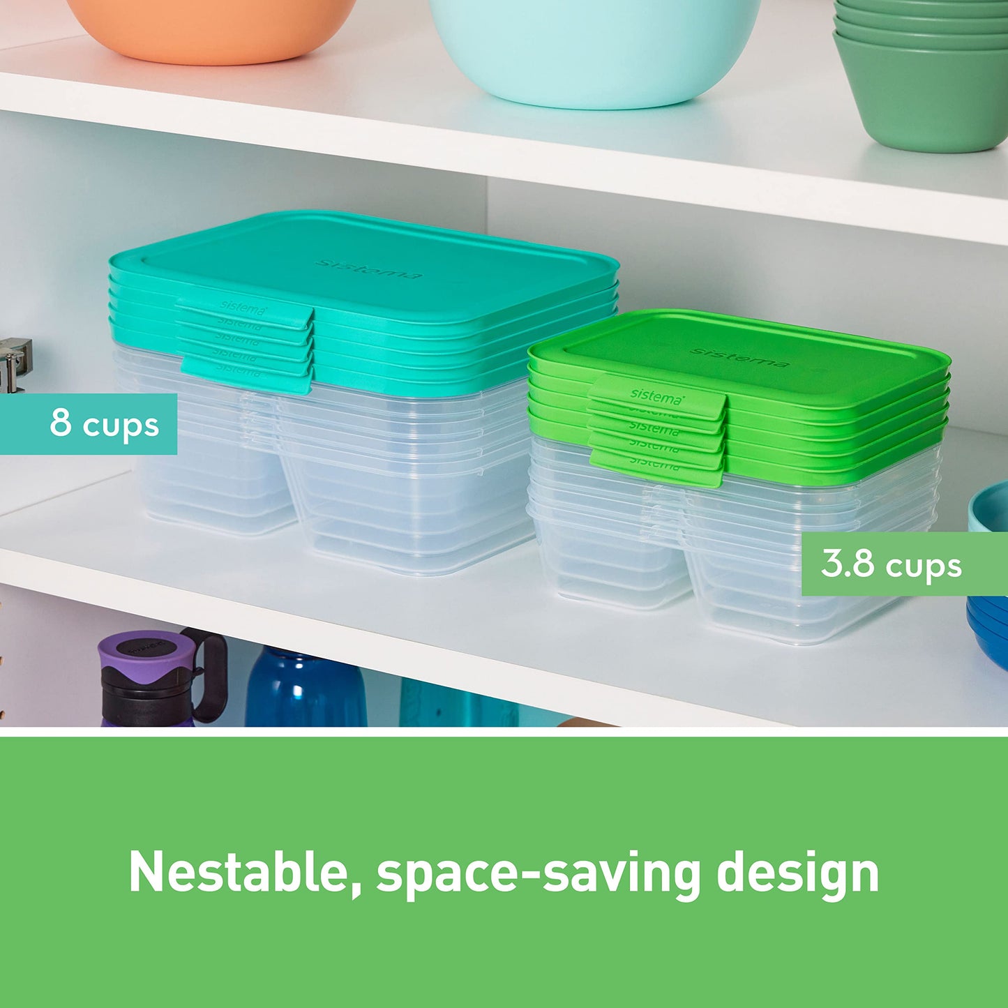 Sistema Nest It Meal Prep Food Storage Containers with Lids, 10-Pack of 3.7-Cup Containers with 2 Divided Compartments, Airtight & Leak-Resistant, Dishwasher, Microwave, & Freezer-Safe, BPA-Free