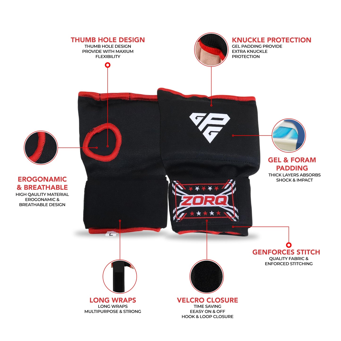 ZORQ Gel Boxing Hand Wraps Inner Gloves - Quick Padded Knuckle Protection Under Mitts for Men & Women - Semi-Elastic Wrist Support for MMA, Muay Thai, Kickboxing & Martial Arts (Red, Large)
