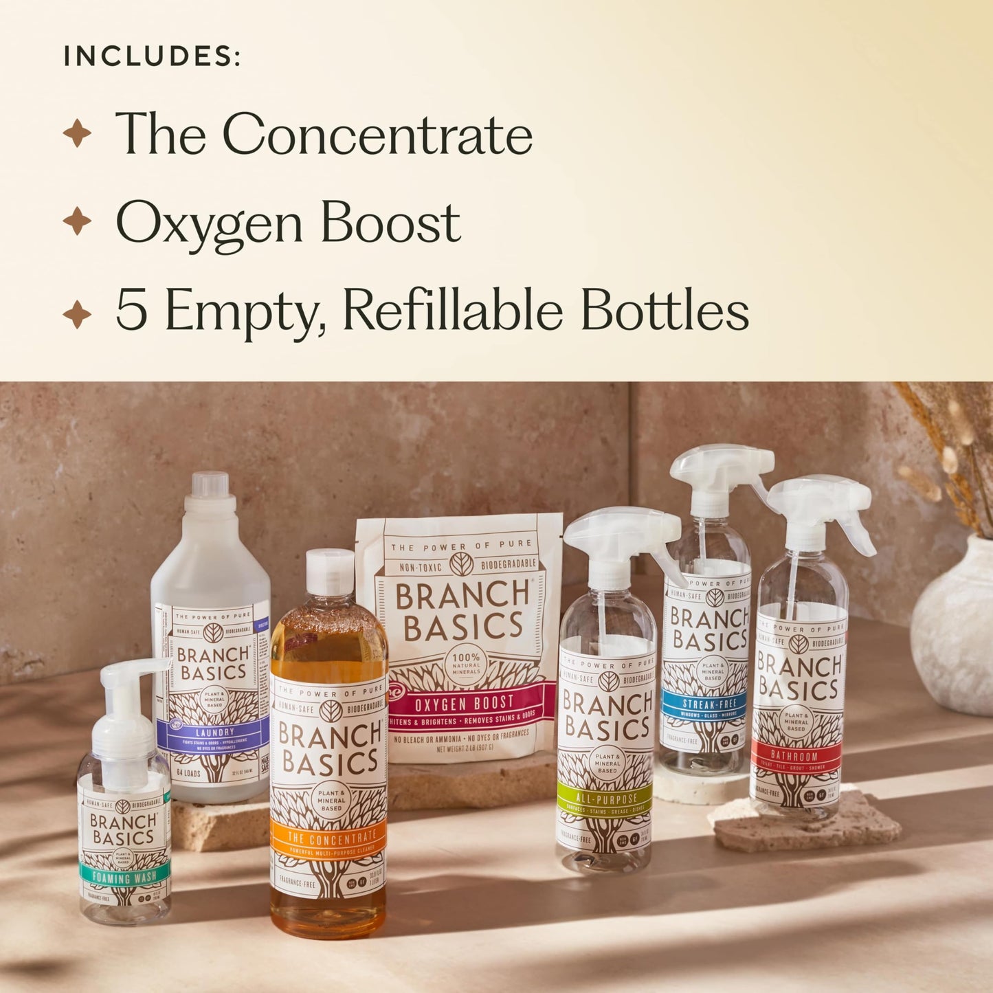 Branch Basics Premium Starter Kit: All Purpose Cleaner, Glass, and Bathroom Cleaner plus our Foaming Wash, and Laundry Bottle (3 Plastic Spray Bottles + Concentrate) Fragrance-Free