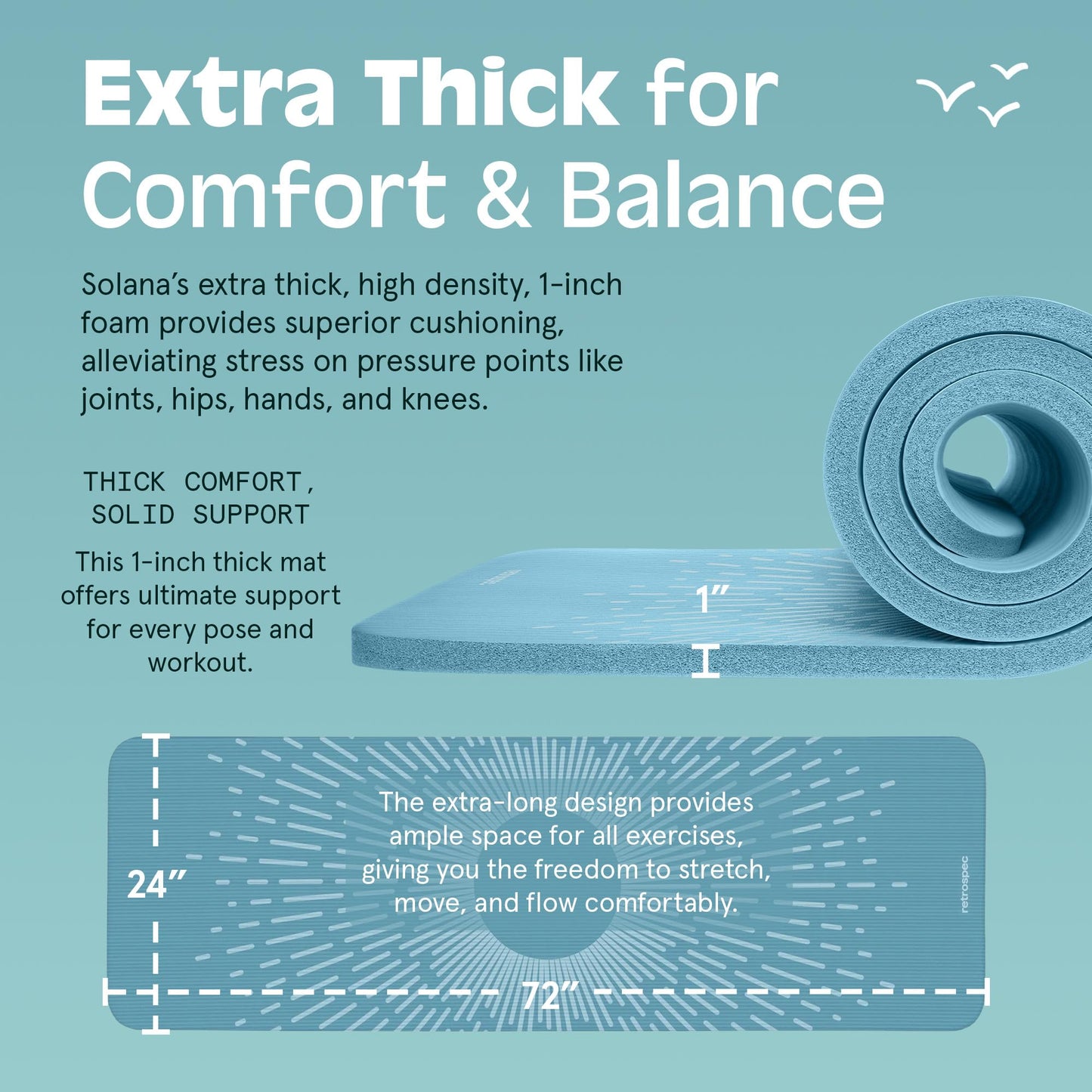 Retrospec Solana Yoga Mat 1" Thick w/Nylon Strap for Men & Women - Non Slip Exercise Mat for Home Yoga, Pilates, Stretching, Floor & Fitness Workouts, Blue Mist