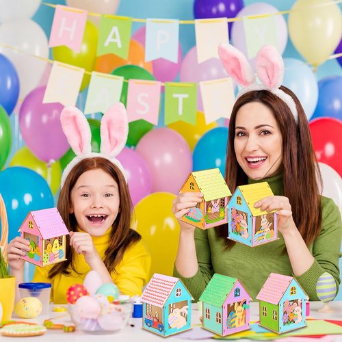 Jenaai 24 Sets Easter Wooden House Crafts - DIY 3D Bunny Village Decor for Spring Celebrations