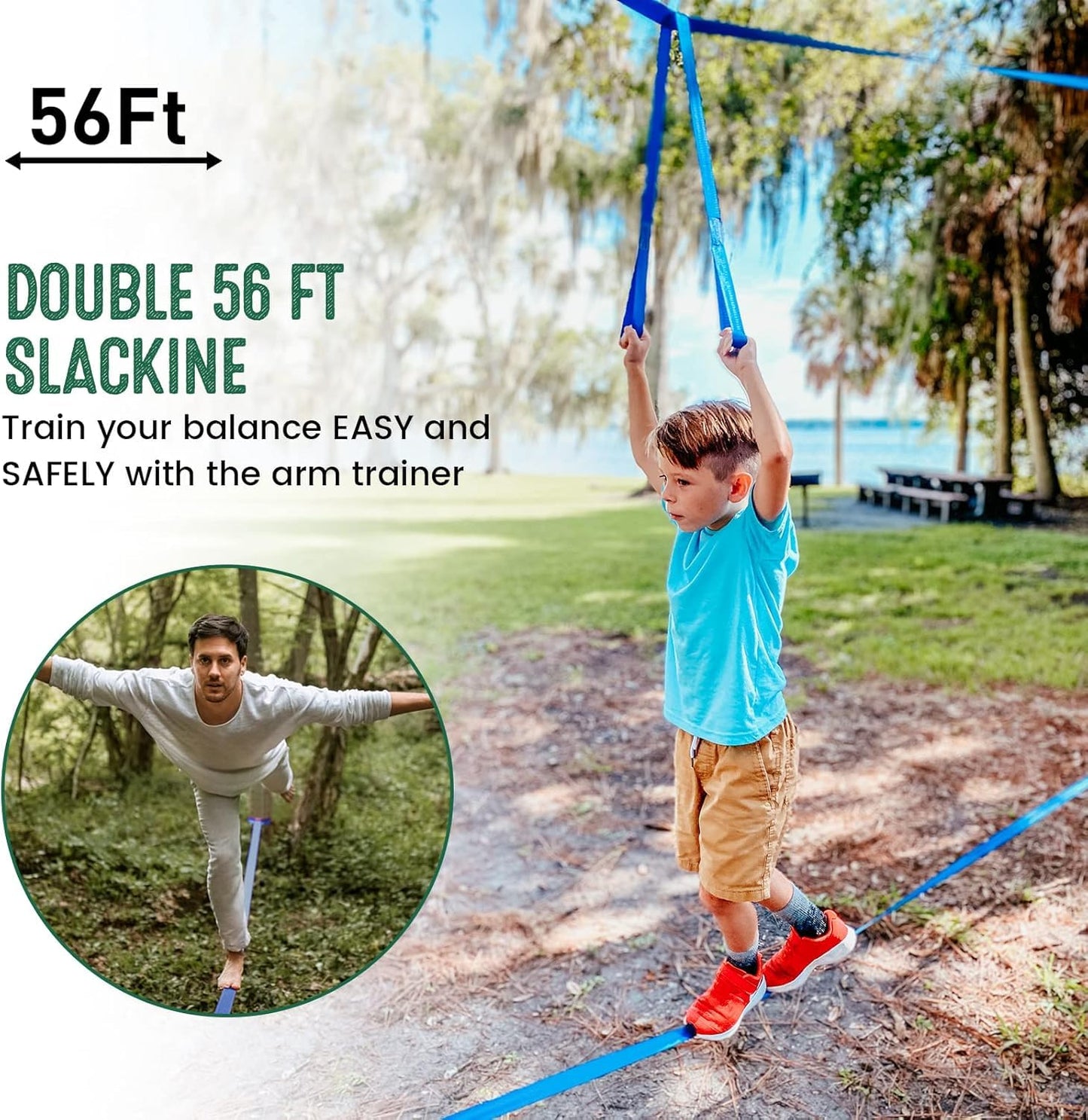 Ninja Warrior Obstacle Course for Kids,2×56ft Slackline Kit with 8 Ninja Accessories+Fast-Setup Buckles- Monkey Bar,Rope Ladder,Gymnastic Ring,Arm Trainer and Monkey Fist,Supports 880 lbs