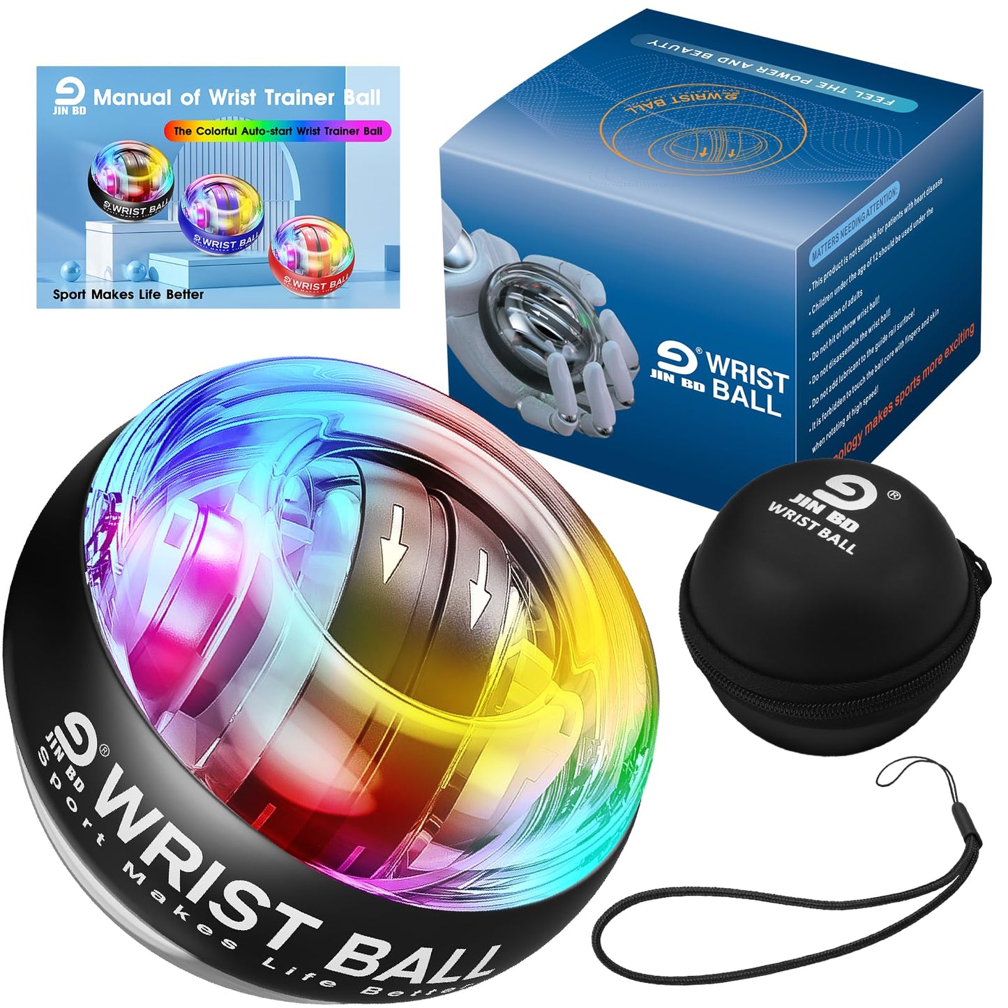 JIN BD Wrist Trainer Ball Auto-Start Gyroscopic Forearm Exerciser Gyro Ball for Strengthen Arms, Fingers, Grip and Muscles Black (Colorful Light)