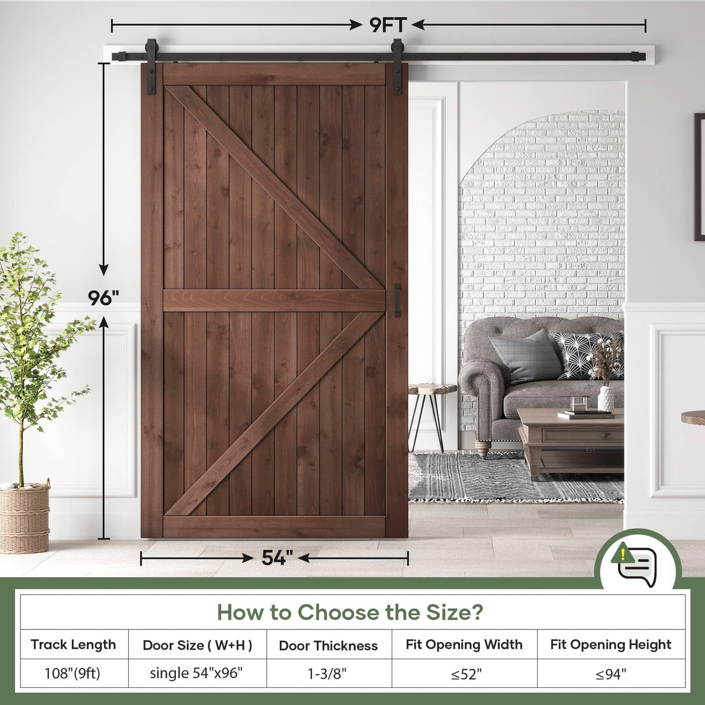 ROYMELO 54x96 inch Sliding Barn Wood Door Slab with 9ft Hardware Kit and Handle, Coffee, K Shape, Simple DIY Assembly