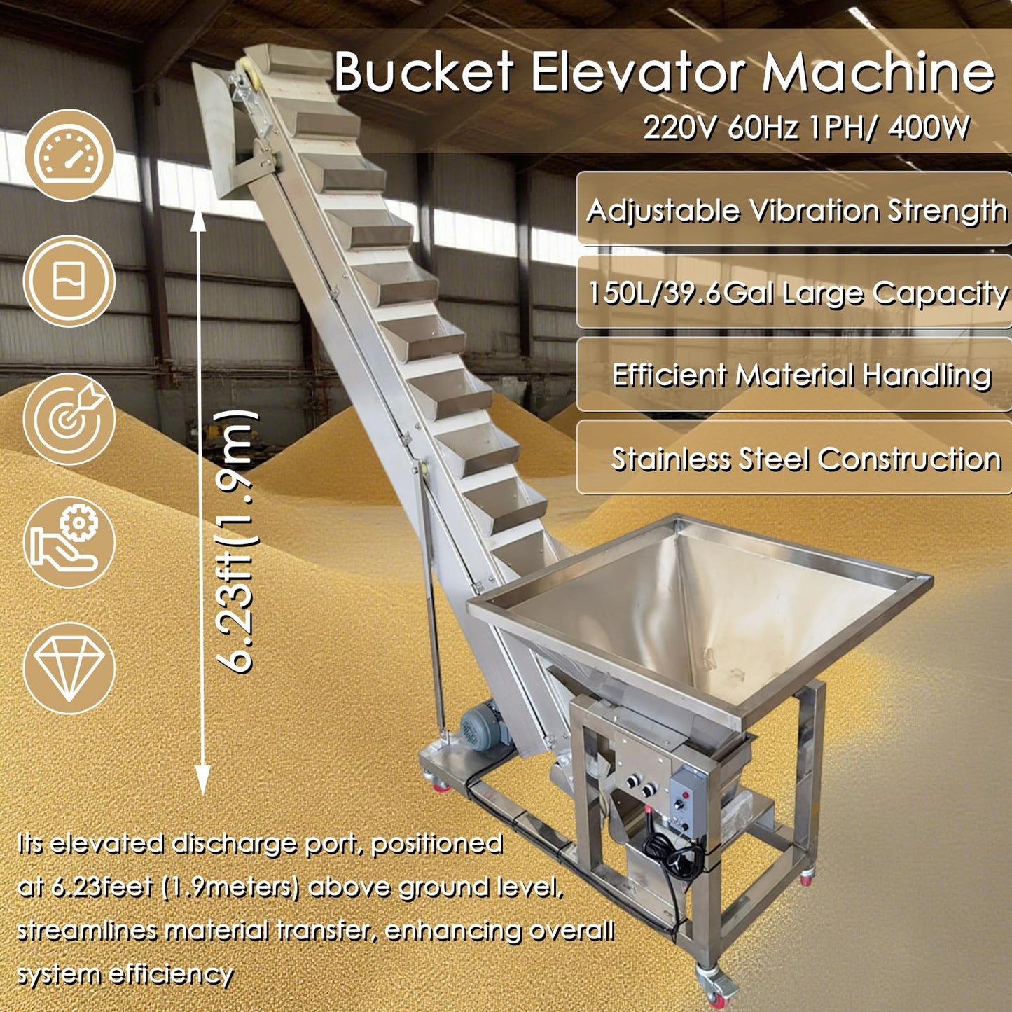 EQCOTWEA Electric Bucket Elevator Conveyor with Tilting Flip-Up Hopper Feeder 40gal Loading & Transfer Machine Stainless Steel Industrial Feeding System 220V/1PH