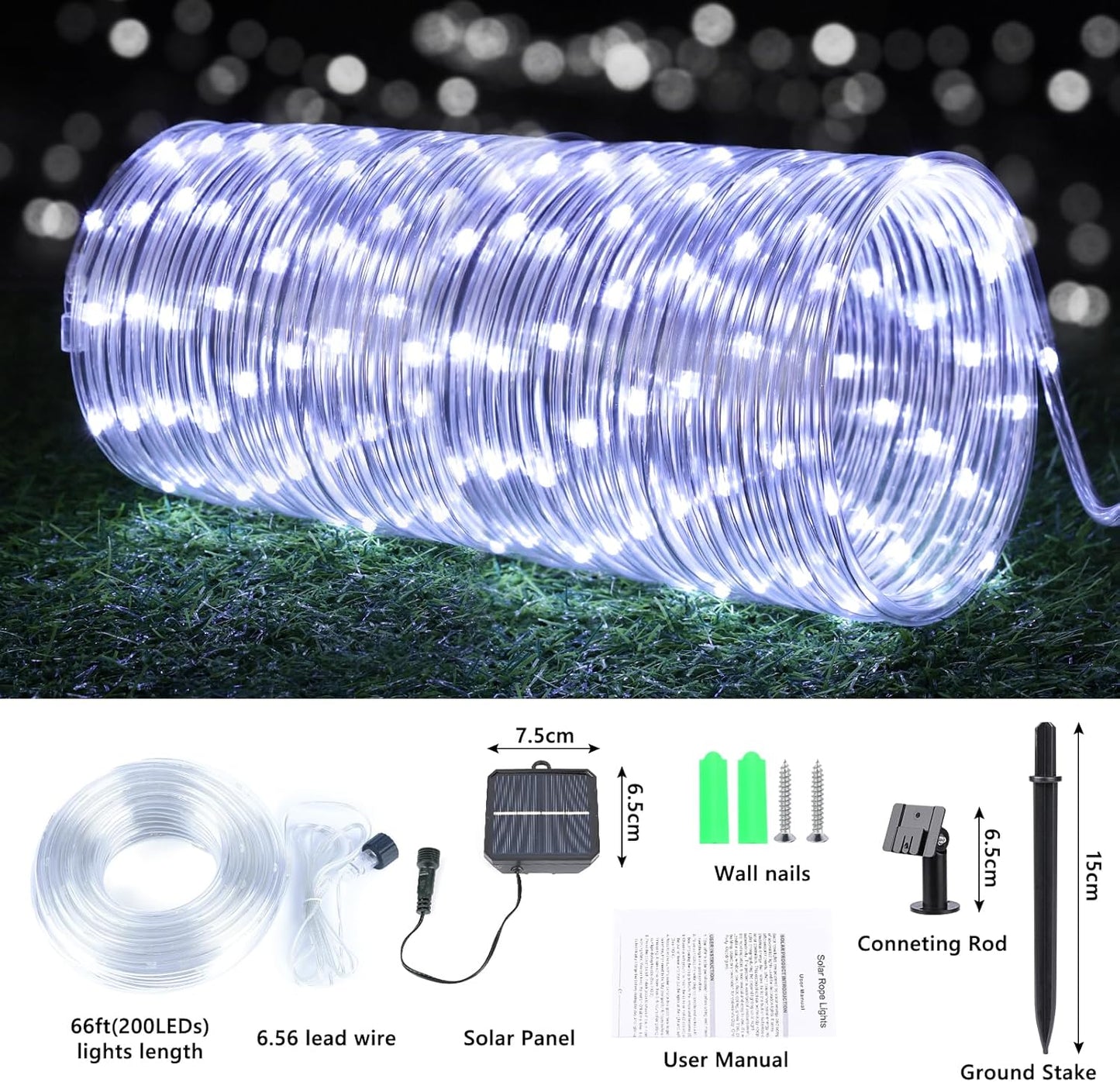 Skiennix Solar String Lights - 66ft 200LED Waterproof Outdoor Lights with 8 Modes | Flexible Clear Tube for Garden, Patio, Deck, and Pool - White