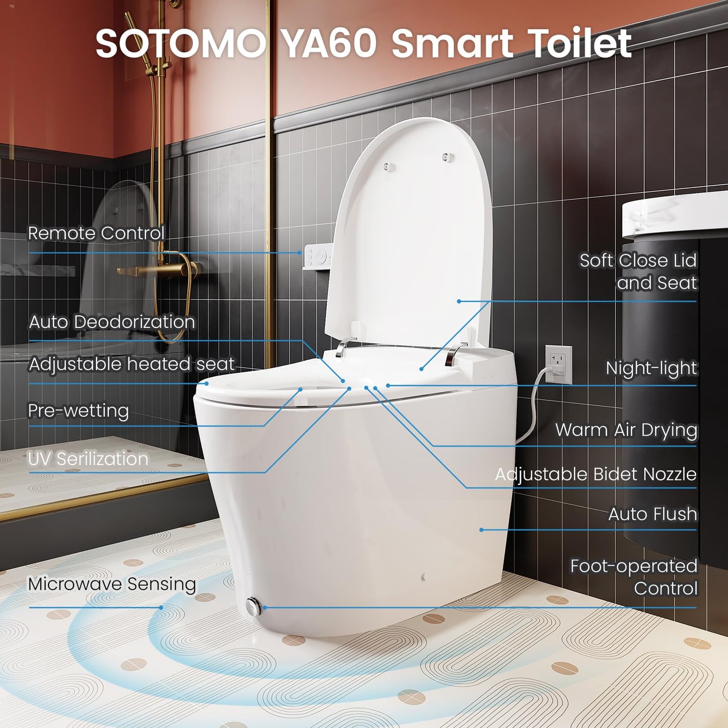 Smart Toilet with Built-in Bidet, One-Piece Bidet Toilet for Bathrooms, YA60 Bidet Toilet with Auto Flush, Kick Flush, Heated Seat, Warm Water and Dryer, Night Light, and Blackout Flush