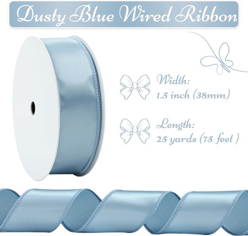French Blue Satin Wired Ribbon - 1.5 Inch, 25 Yards for Gift Wrapping, Baby Showers & Weddings