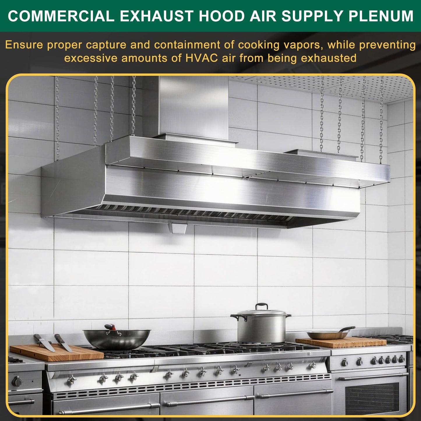 8ft Perforated Supply Plenum for Commercial Exhaust Hood–Makeup Air Hood Stainless Steel Air Supply Plenum with Microplate, Lifting Lugs & Dual Exhaust Ports