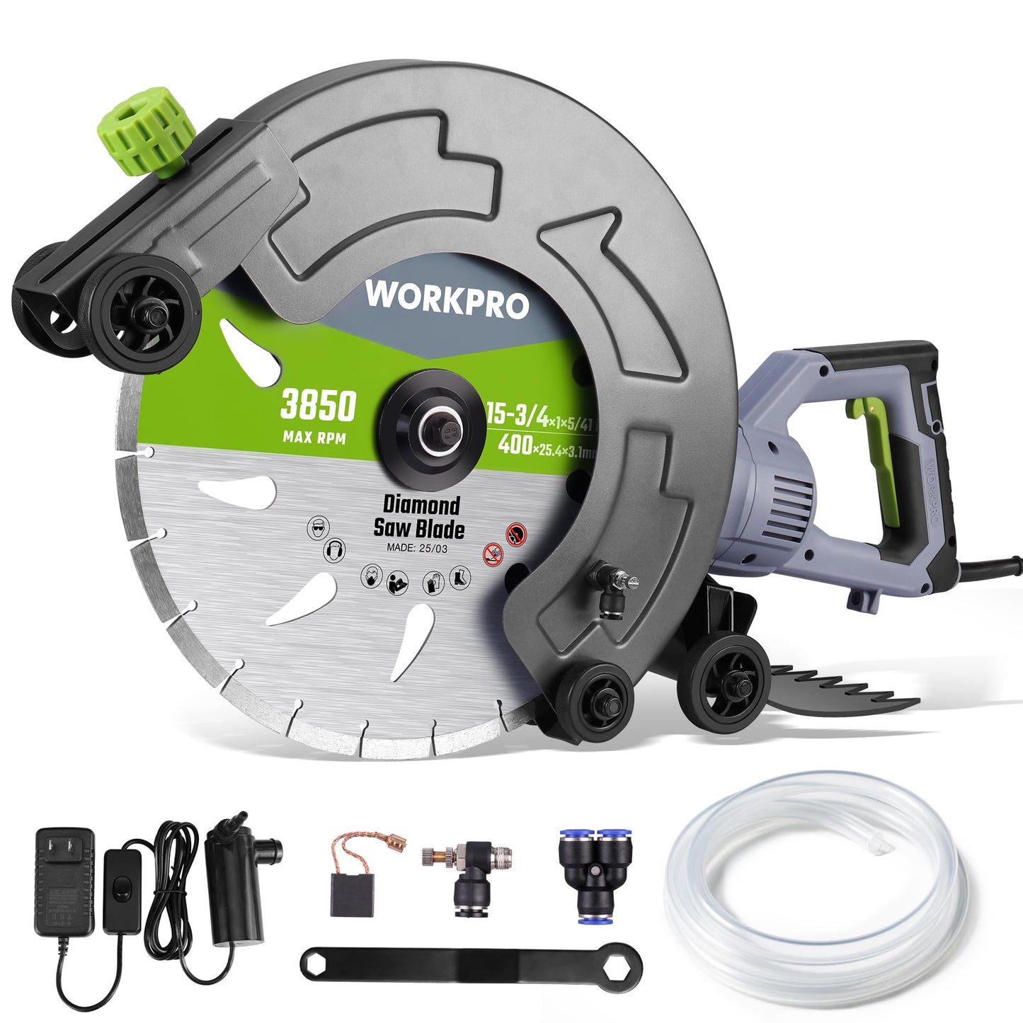 WORKPRO 16 Inch Wet Concrete Saw with Water Cutting Attachment, 1600W 3100RPM Electric Concrete Saw, Max Cutting Depth 6.69", Ideal for House, Foundation, Courtyard Renovation
