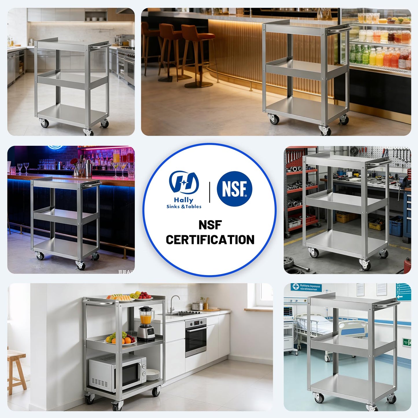 Hally Stainless Steel Utility Cart 3 Tier NSF Commercial Heavy Duty Metal Mobile Food Rolling Cart with Handle and Wheels for Kitchen, Restaurant, Hospital, Laboratory and Home, 24" L x 16" W x 34" H