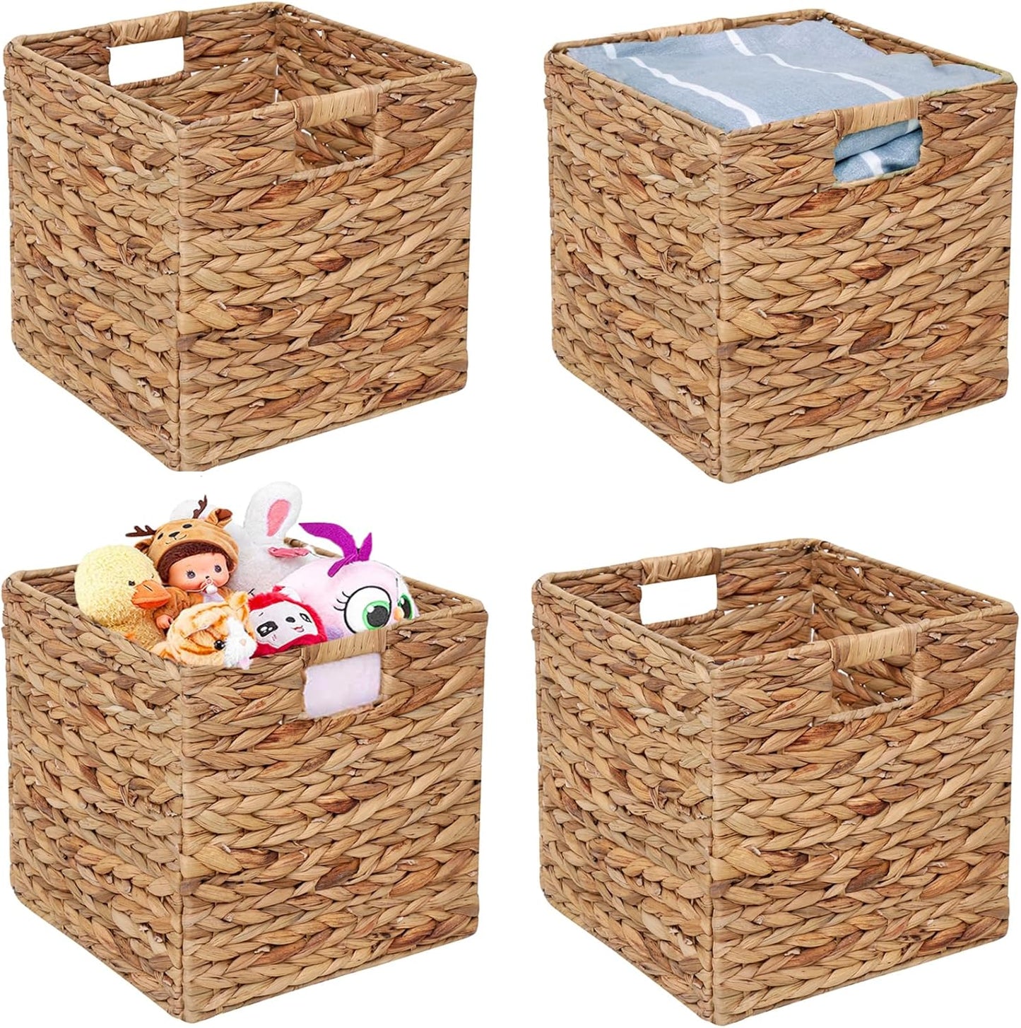Regine Switzerland Storage Baskets - 4 Pcs Foldable Handwoven Water Hyacinth Bins | 11x11in Square Design for Laundry Organization