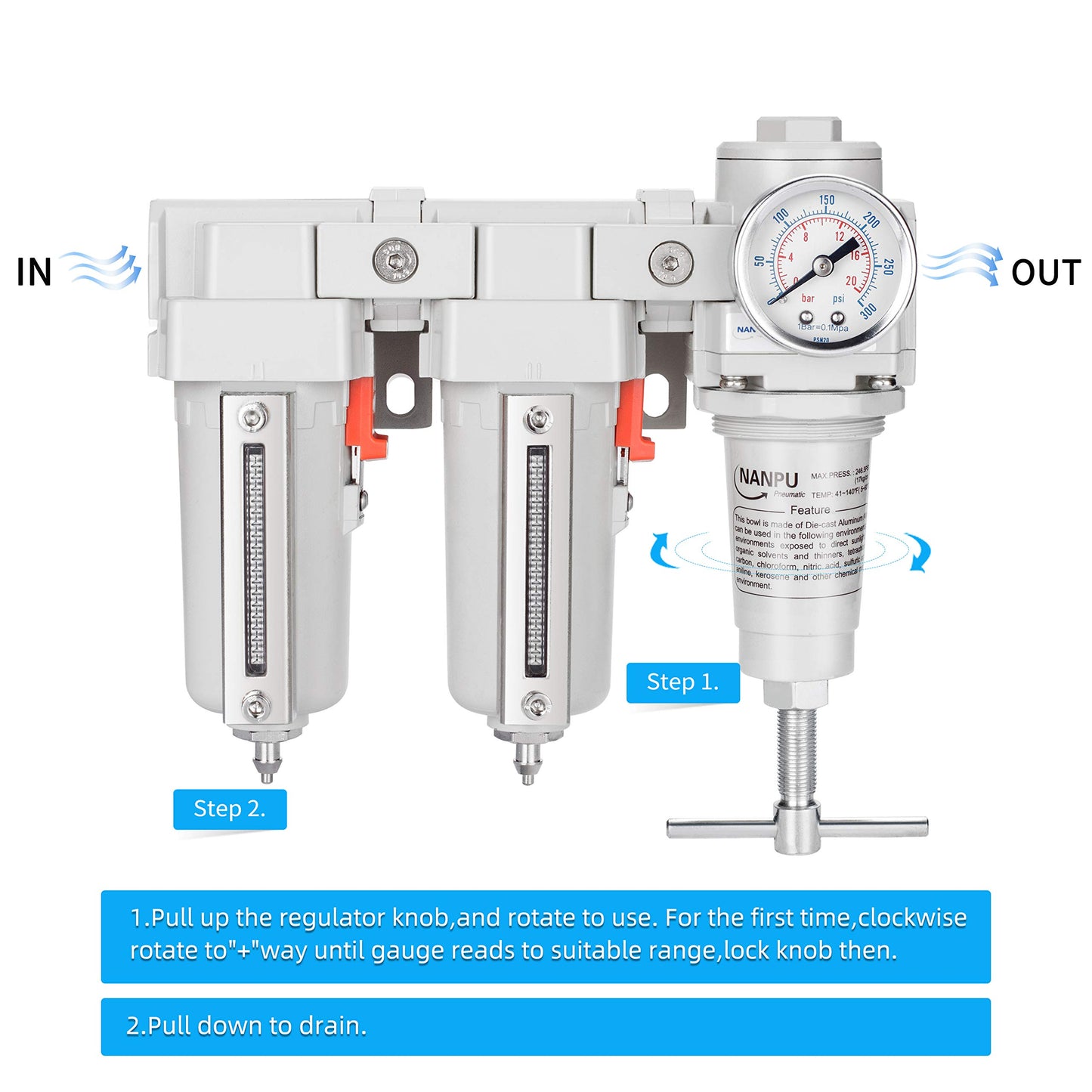 NANPU 3/8" NPT T-Handle High Pressure Air Drying System - Double 5 Micron Particulate Filter & Air Pressure Regulator Piston Combo, Semi-Auto Drain＆Gauge