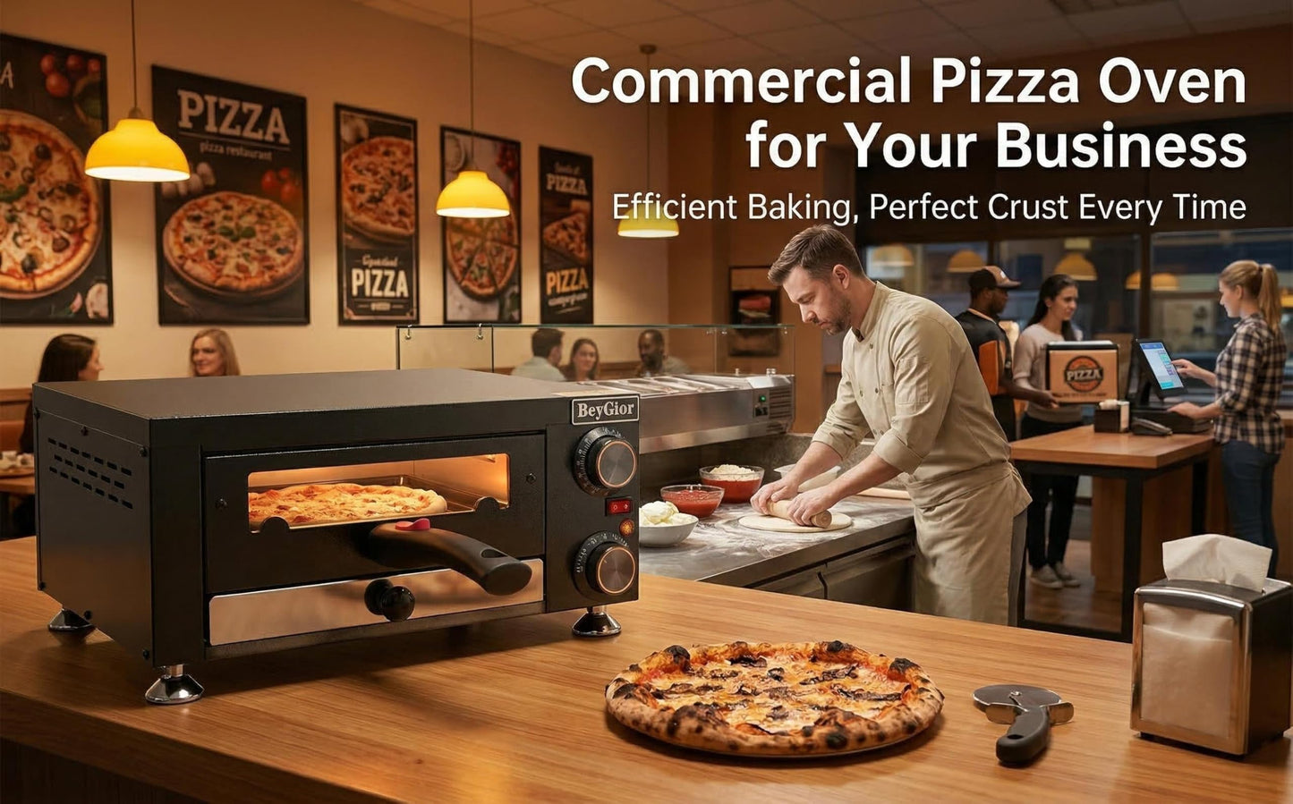 BeyGior Electric Pizza Oven Indoor,12 inch Countertop Pizza Maker with Viewing Window,Stainless Steel Commercial Pizza Oven, Removable Handle,Dual Baking Trays and Oven Mitts
