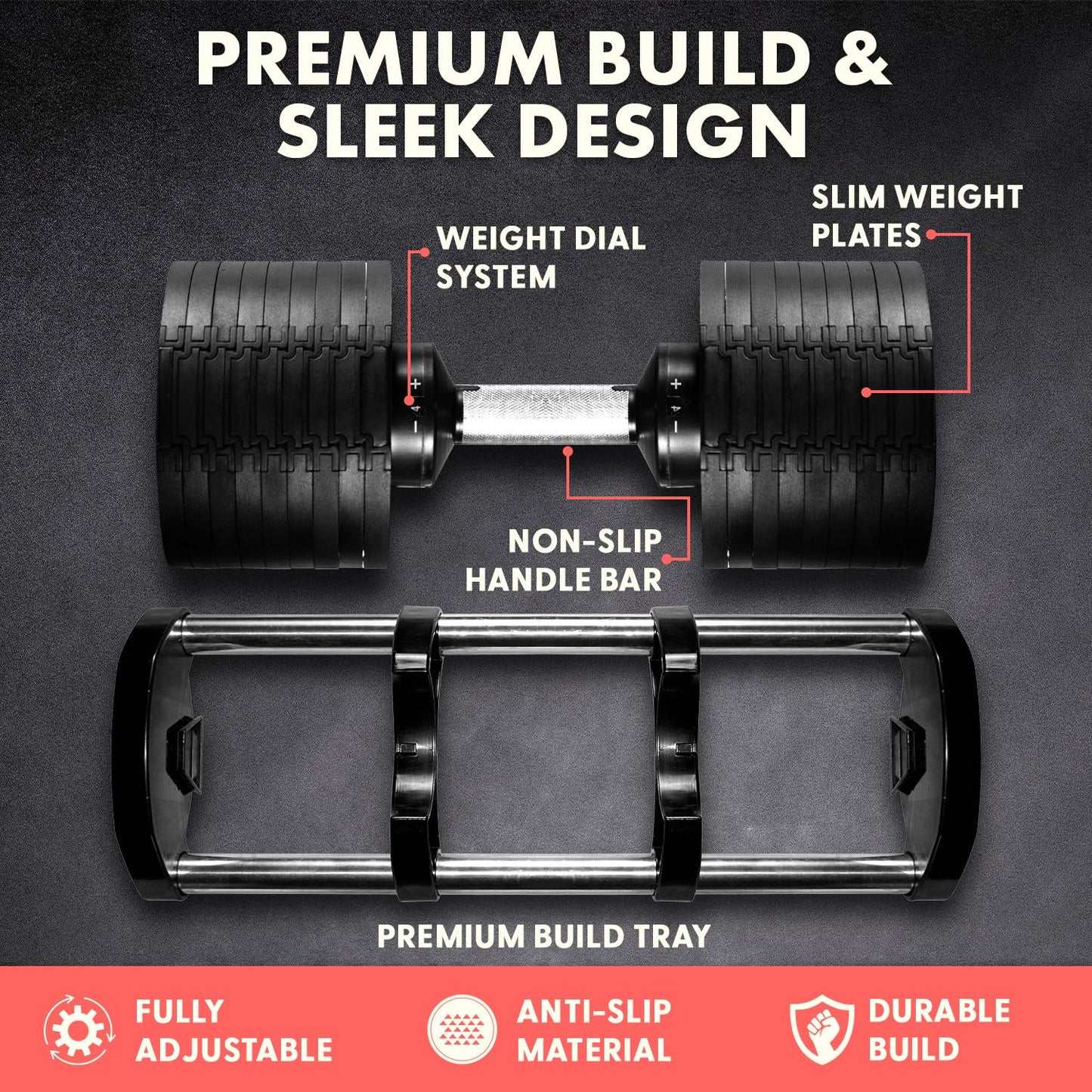 SQUATZ 70lb Adjustable Dumbbell 9 in 1 Weight Options, Fitness Equipment with Anti-Slip Metal Handle, Quick Change Weight Adjustment with Twist Lock Technology, for Full Body Workout and Weightlifting