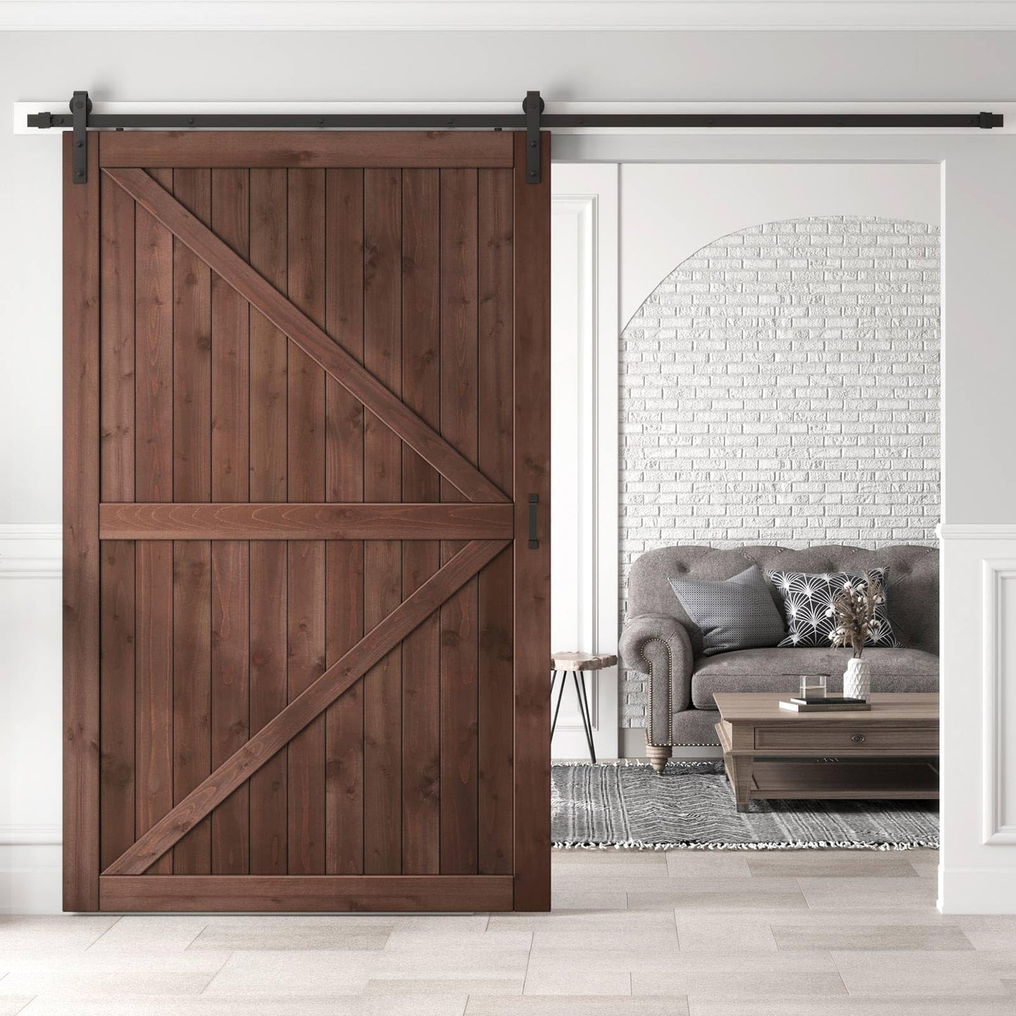 ROYMELO 60x96 inch Sliding Barn Wood Door Slab with 10ft Hardware Kit and Handle, Coffee, K Shape, Simple DIY Assembly
