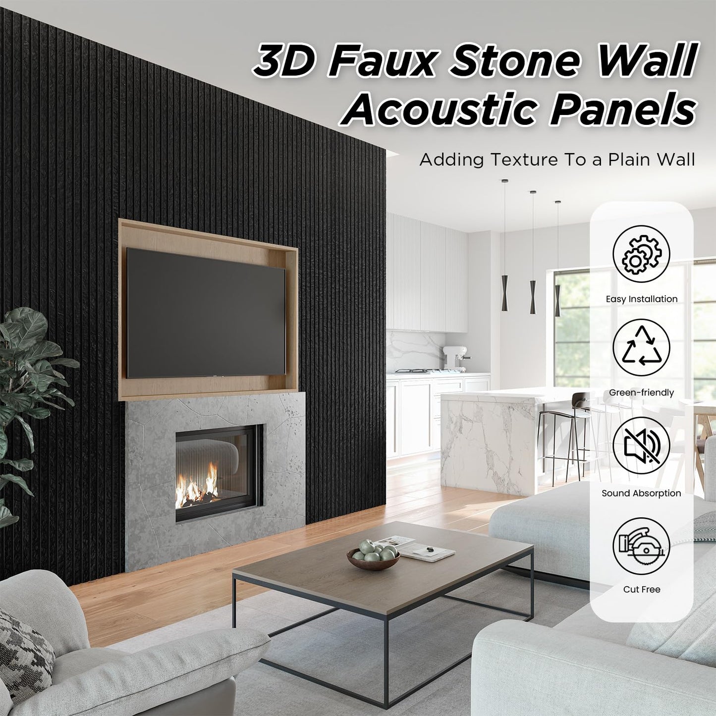 SMARTSTANDARD Acoustic Wall Panels, 4 Piece 106" x 12.6" Soundproof Slat Wall Paneling for Interior Wall Decor, 3D Fluted Acoustic Wall Panel, Black