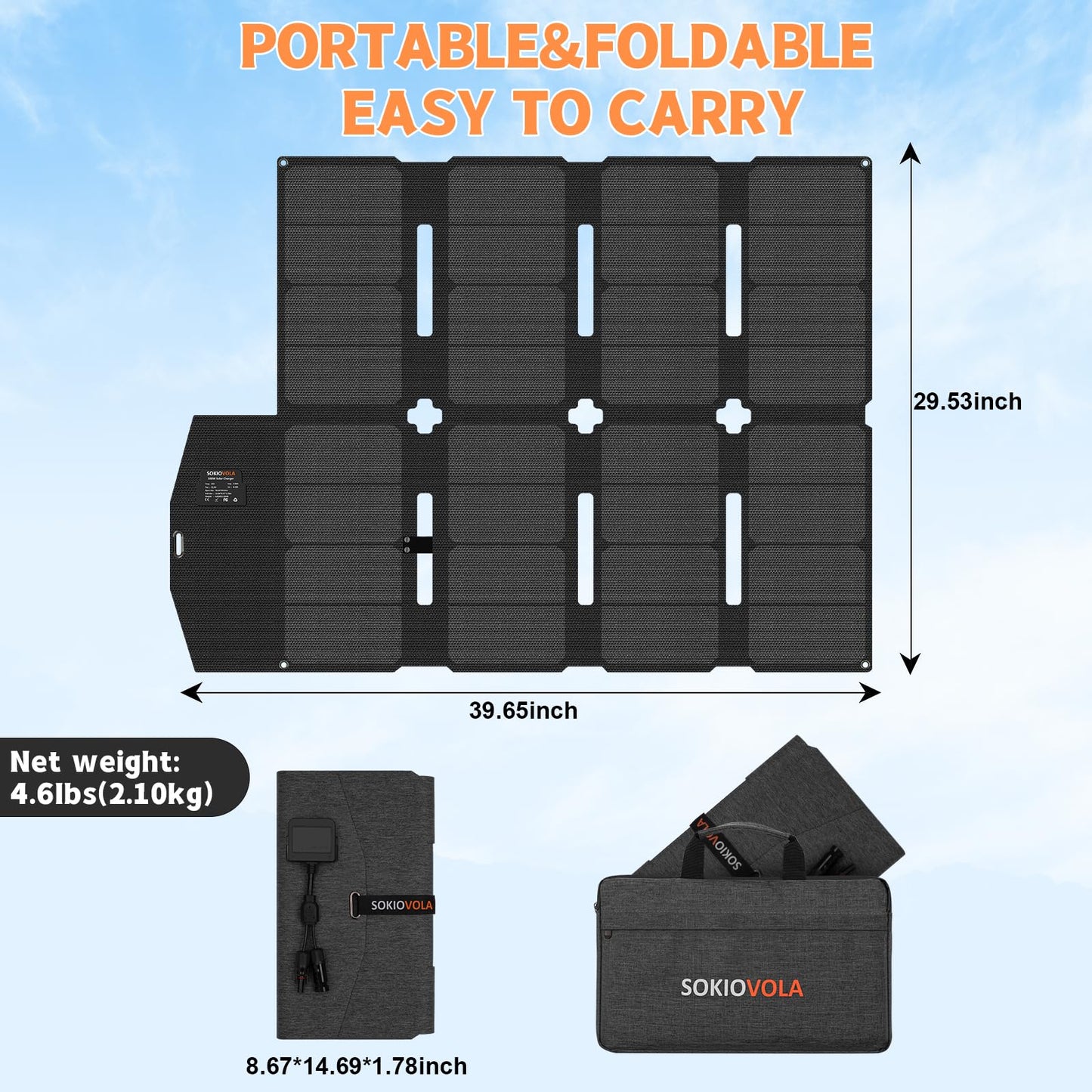 SOKIOVOLA 100W Portable Solar Panel MC-4 Foldable Solar Panel Charger Kits 18V IP68 Waterproof Lightweight and Compact for Small Power Station RV Travel Outdoor Activities