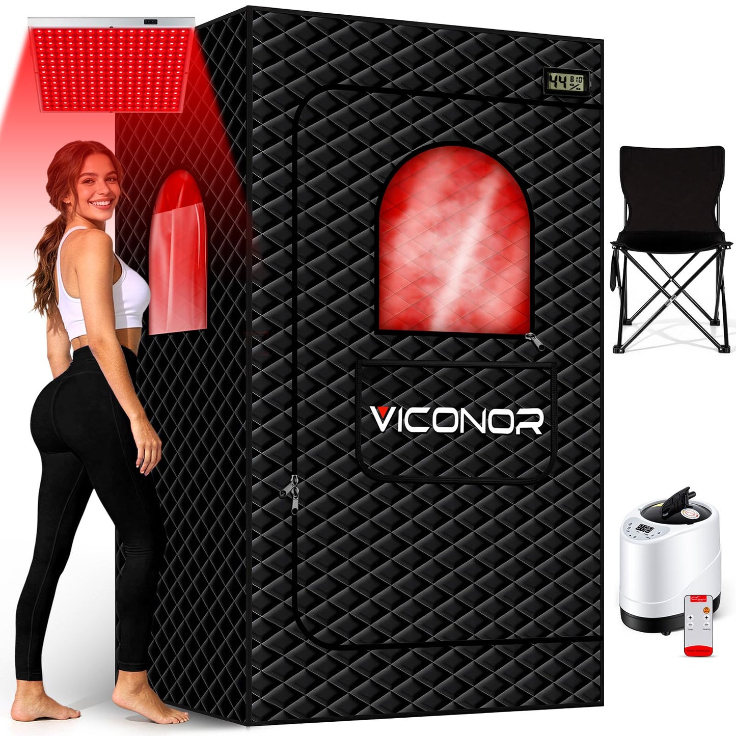 Viconor Infrared Sauna Box, Portable Steam Infrared Sauna Tent with Red Light Therapy for Home, Full Body Steam Indoor Sauna Box for Relaxation, 3L/1200W Steamer, 9 Levels Heat, Timer, Folding Chair
