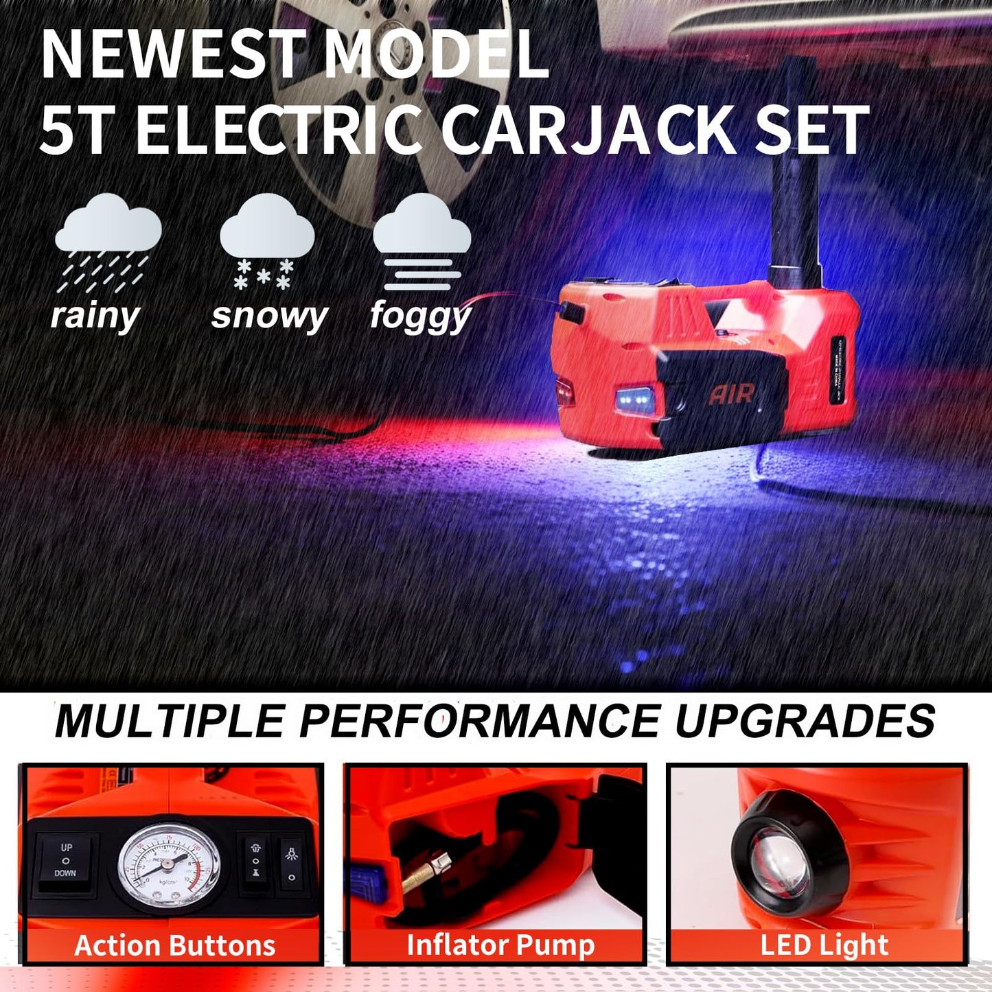 ROGTZ Electric Hydraulic Car Jack Kit 5 Ton 12V Portable Lift Range 17.7 Inch with Impact Wrench and Tire Inflator Pump for SUV Sedan Truck Car Repair Floor Jack for Vehicle Tire Change with LED Light