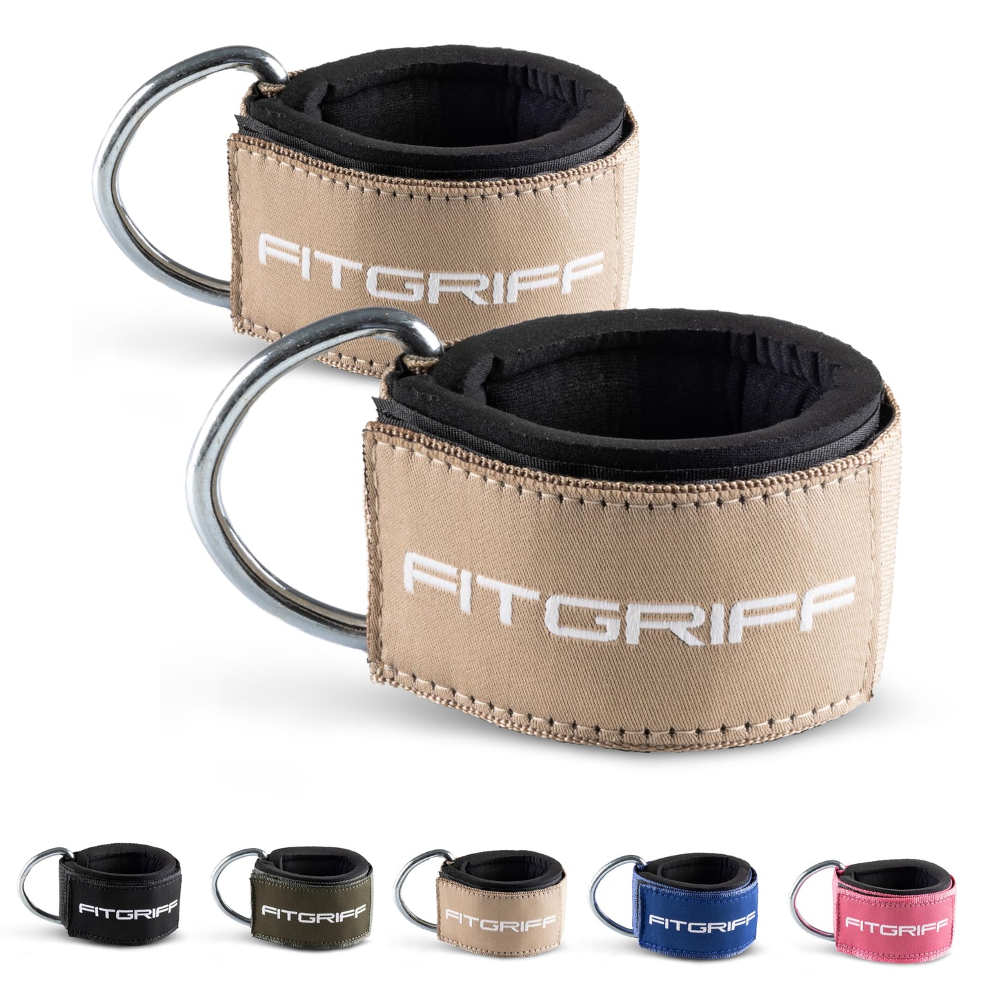 Fitgriff® Ankle Straps V2 for Cable Machine (2 Pieces) - Gym Workout Equipment - Leg Pulley Attachment, Kickback Straps (Sand)