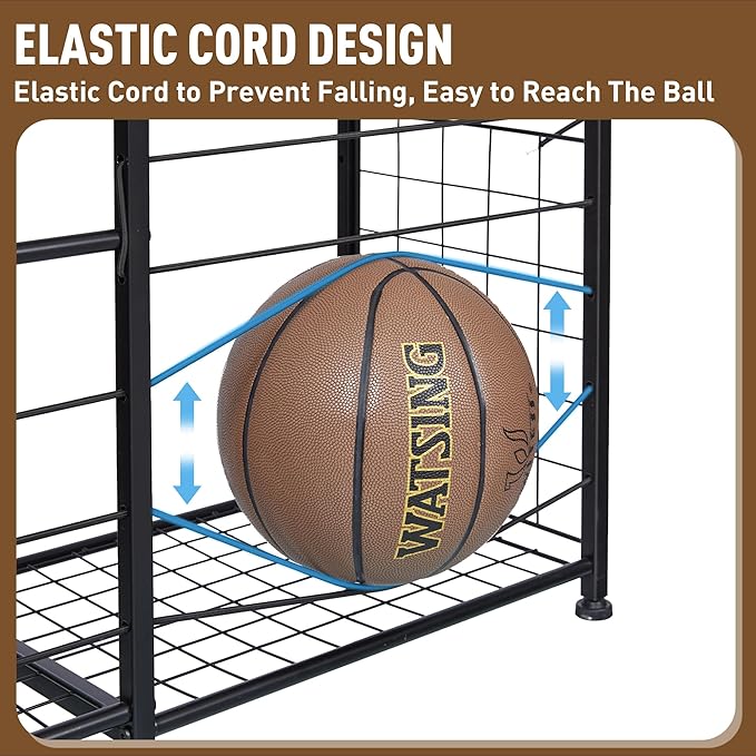 Garage Sports Equipment Organizer - Ball Storage Rack with Elastic Rope or Wire Mesh,Garage Organizer System with Wheels,Indoor/Outdoor Sports Rack for Sports Gear and Toys Storage,Black