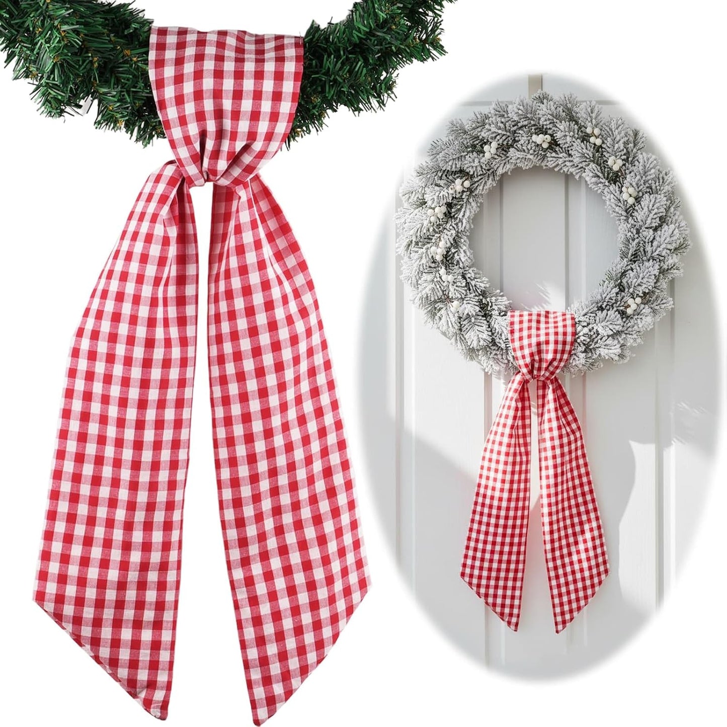 Red White Checkered Plaid Bow Ribbon Wreath Sash by [Brand Name] - Perfect for Christmas, Valentine's Day & Patriotic Decor (5.12" x 54.33")