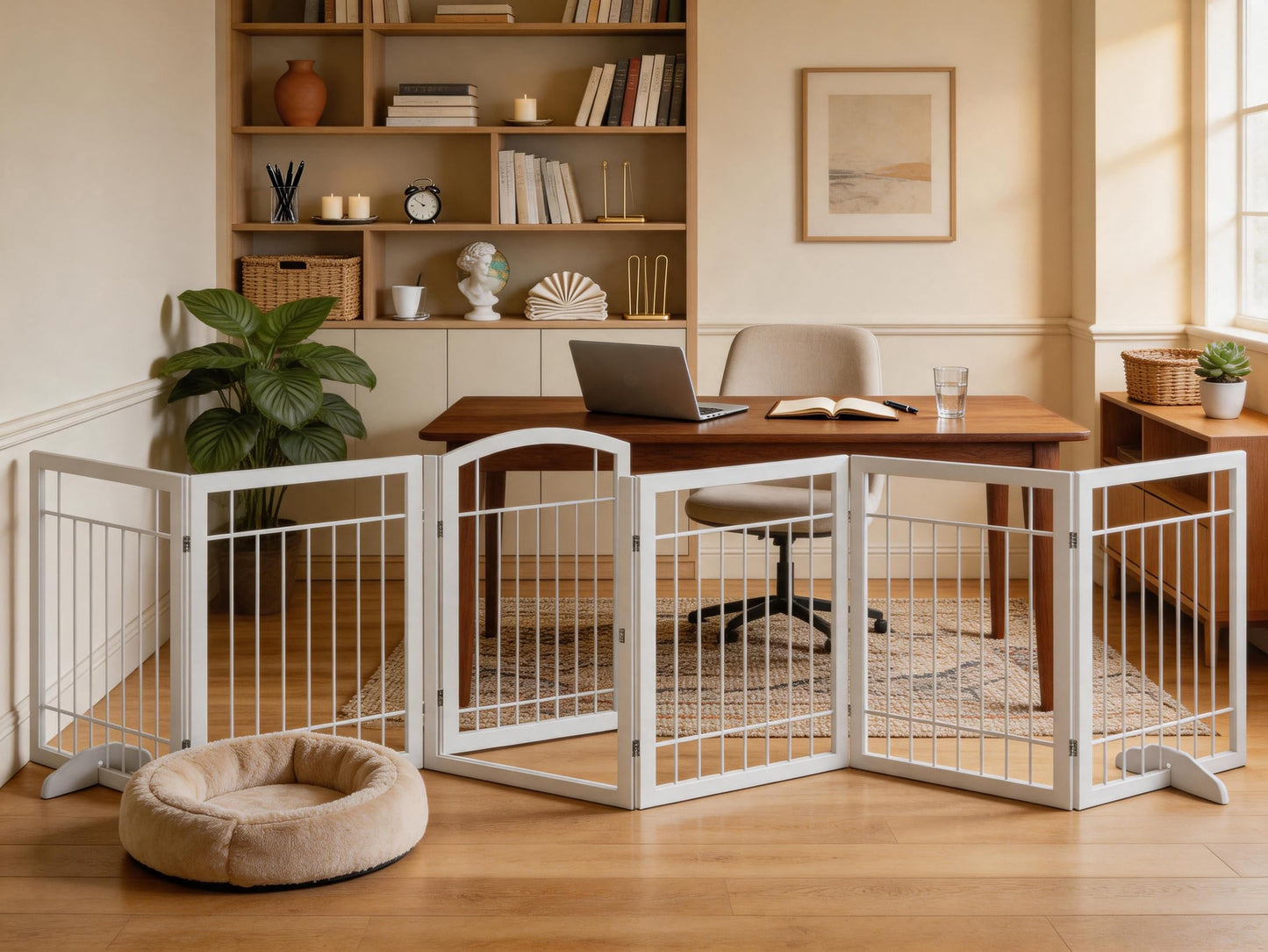Vantas Folding Pet Gate 144" Wide, 30" Tall No-Assembly Metal Dog Gate with Door Walk Through, Freestanding Wire Pet Puppy Safety Fence, with 2PCS Support - White