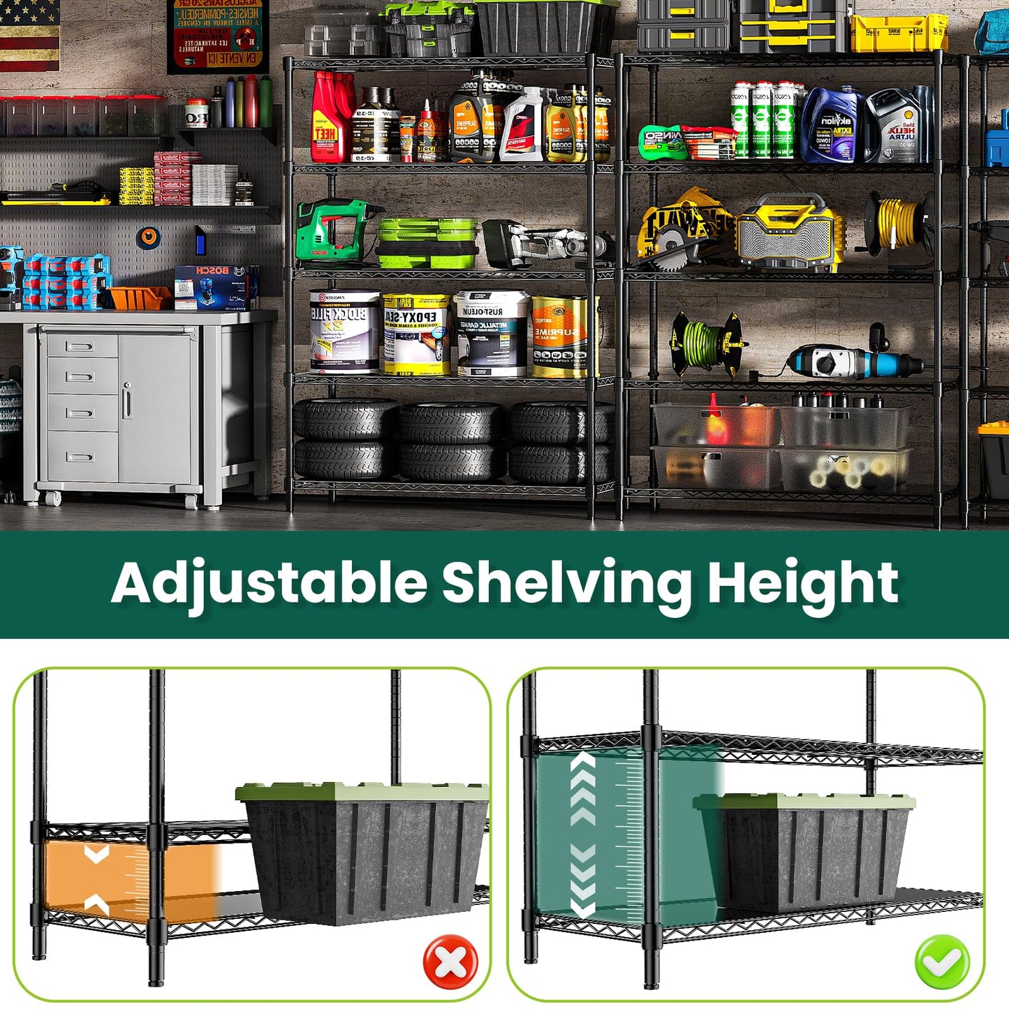 RackBro 48" W Garage Shelving 1875LBS Heavy Duty Wire Shelving Unit, Metal 5-Tier Adjustable Steel Storage Rack with Liners, Storage Tote Rack, 48" W x 18" D x 72" H for Garage Commercial, Black