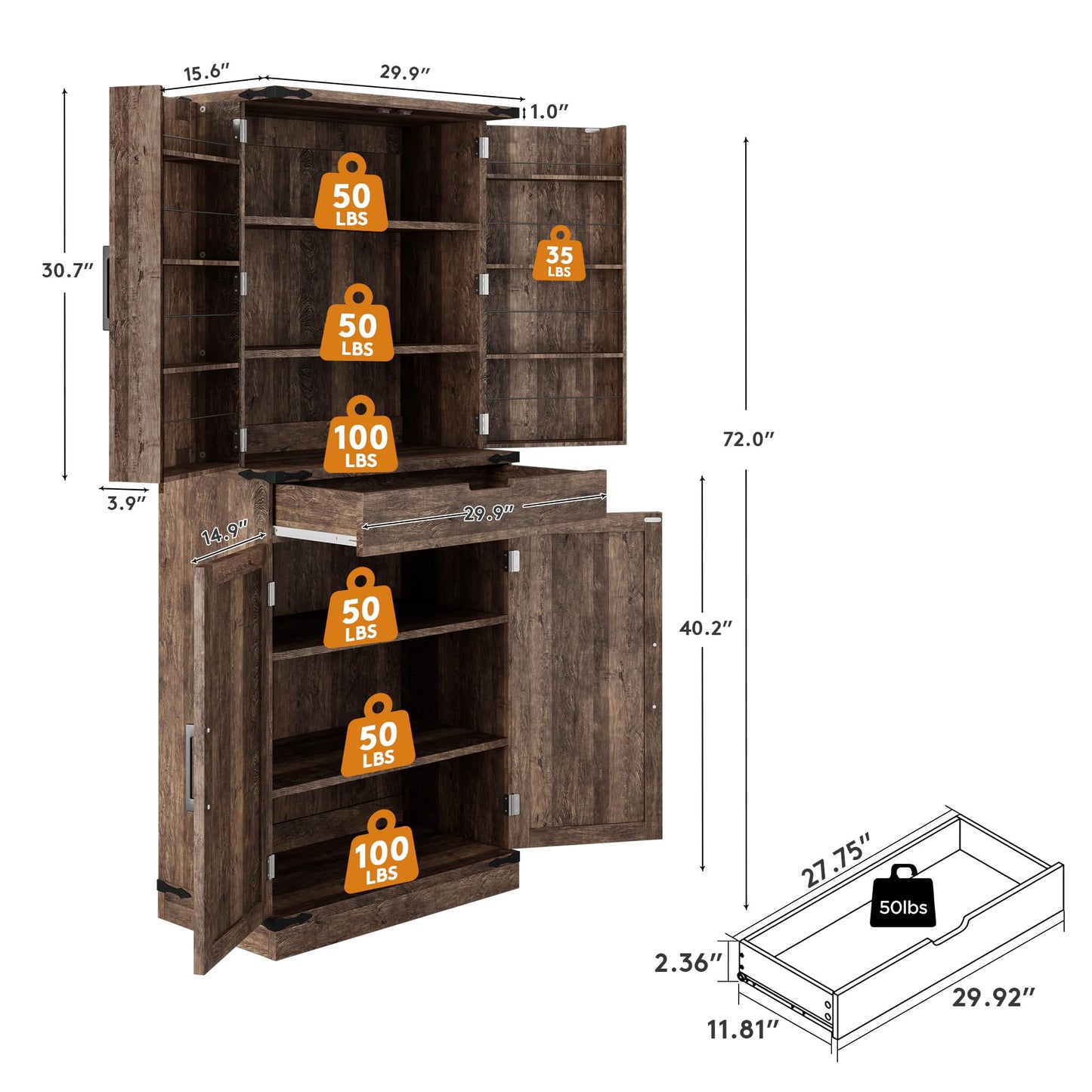 GRUSIGN 72" Kitchen Pantry Storage Cabinet with Doors and Shelves, Wood Farmhouse Pantry Storage with Barn Doors for Kitchen, Dining Room, Living Room, Dark Brown