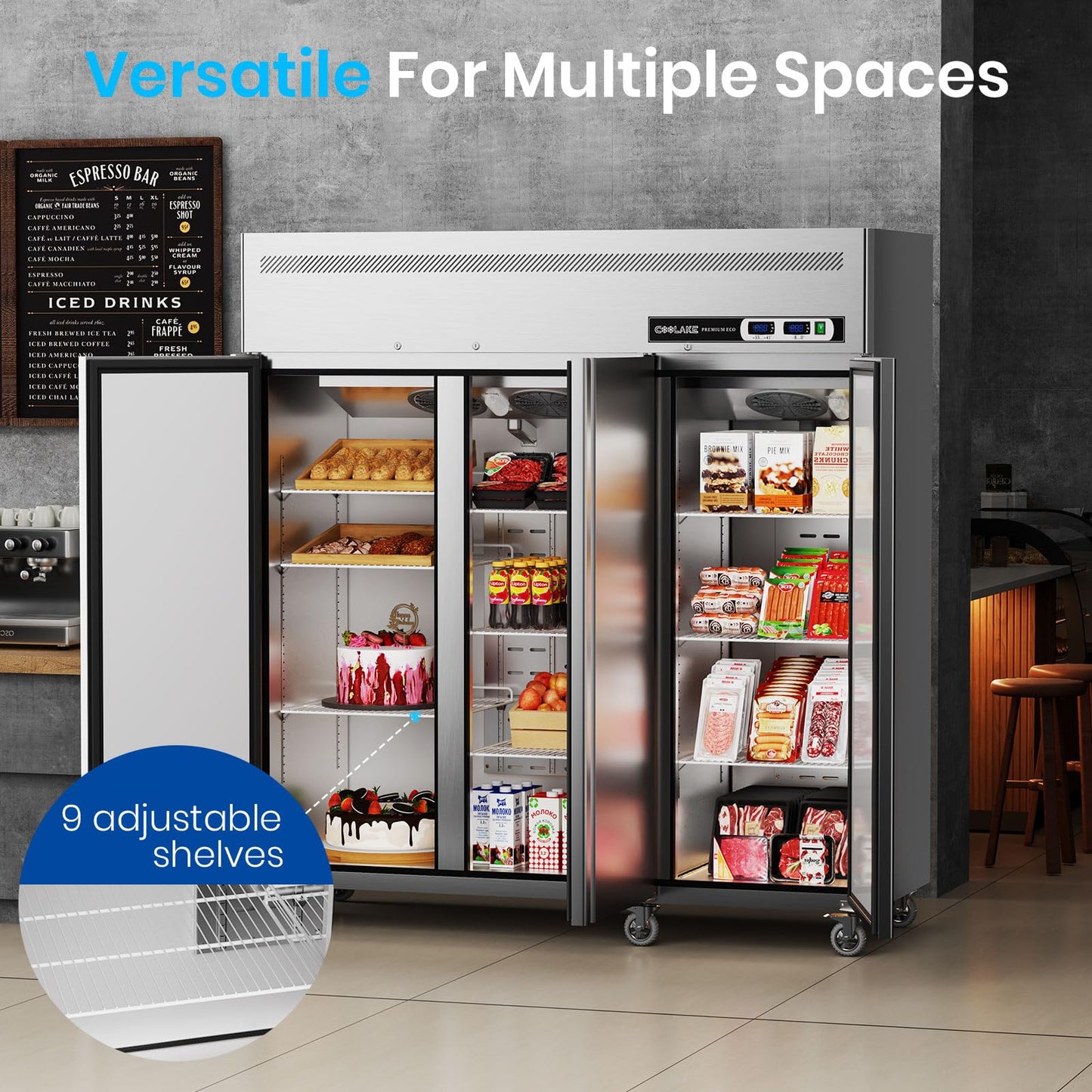Coolake Commercial Freezer Refrigerator Combo, 72” W 54 Cu.ft Upright Freezer, 3 Door Stainless Steel, Air-Cooled System Reach in Freezer for Restaurant, Bar, Kitchen, Garage, School, Church