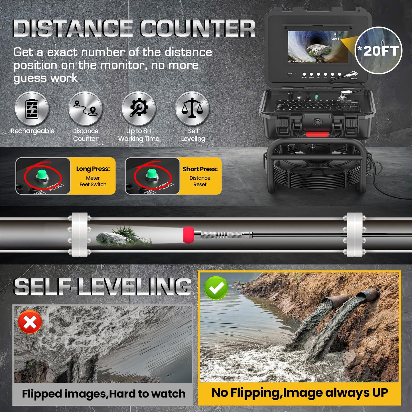Sewer Camera Self Leveling, 7MM Thicker Pushrod, Keyboard, Distance Counter, 10.1'' Large HD Monitor, Sewer Inspection Camera IP68 with DVR & SD Card Industrial Borescope Snake (164Ft, with Locator)