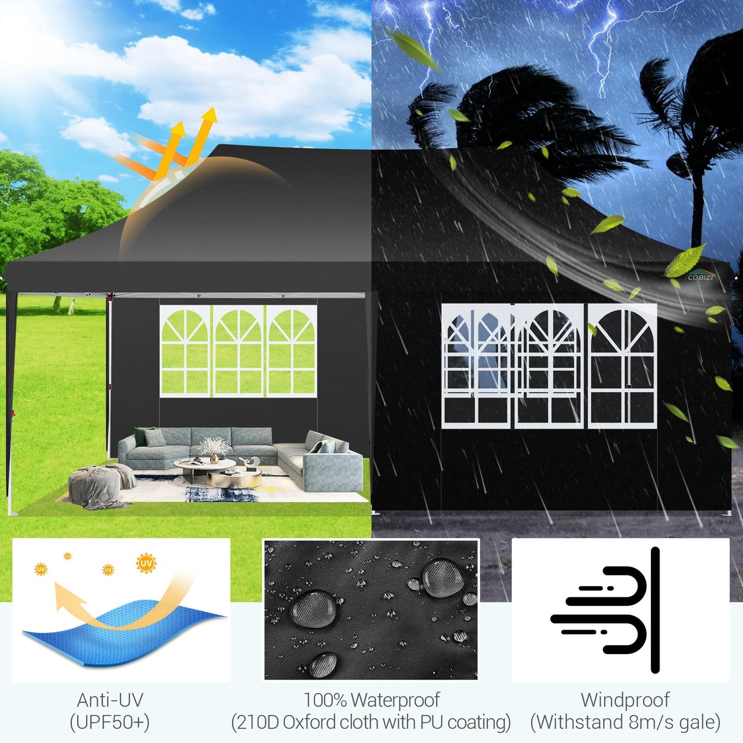 COBIZI 10x20 Pop Up Canopy with 6 Sidewall, Commercial Canopy UPF 50+ Waterproof Outdoor Gazebo with Carry Bag, Tents for Parties with Upgrade Frame, 3 Height Adjustable, Black