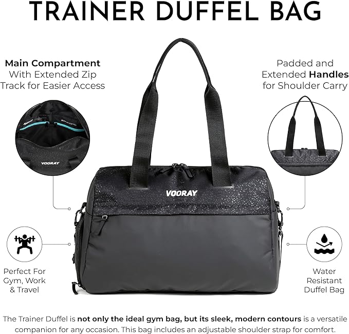 Vooray 25L Trainer Duffel Bag ??Lightweight Travel Duffel for Women and Men with Shoe Pocket, Workout Bag, Weekender for Overnight, Football, Traveling, or Hospital Use