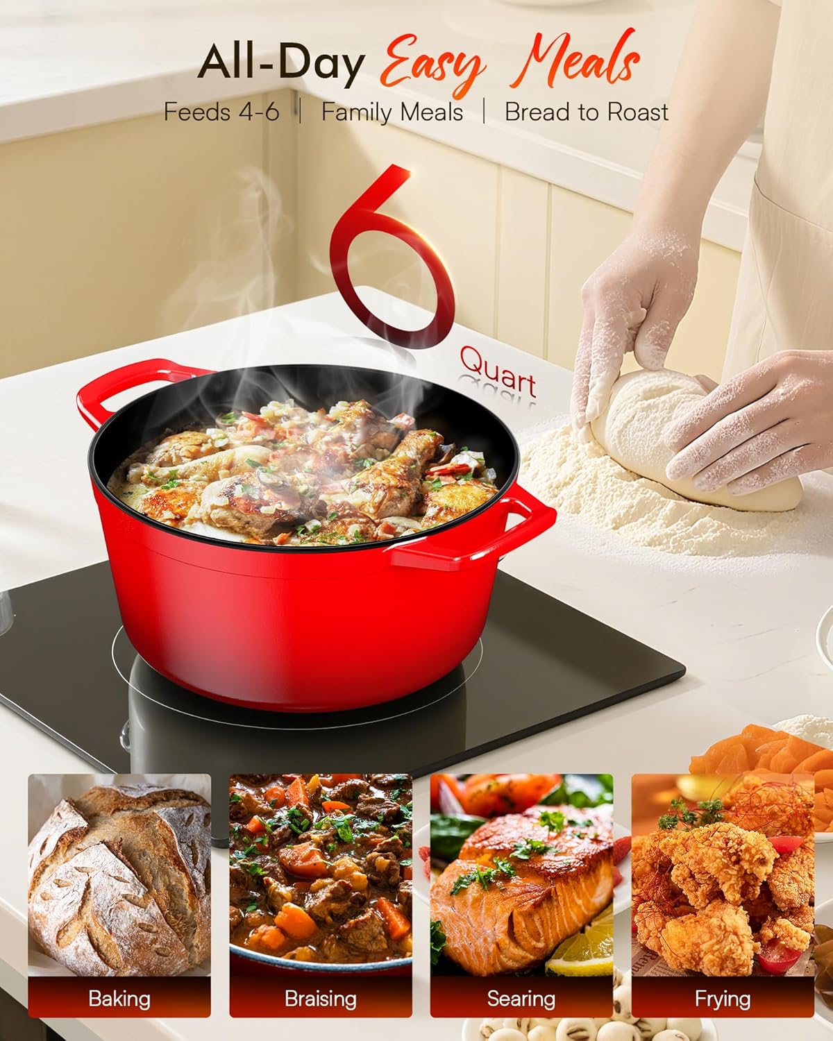 Nuwave 6QT Enameled Cast Iron Dutch Oven - Heavy Duty, Dual Handles, Oven Safe to 500°F for Baking & Roasting