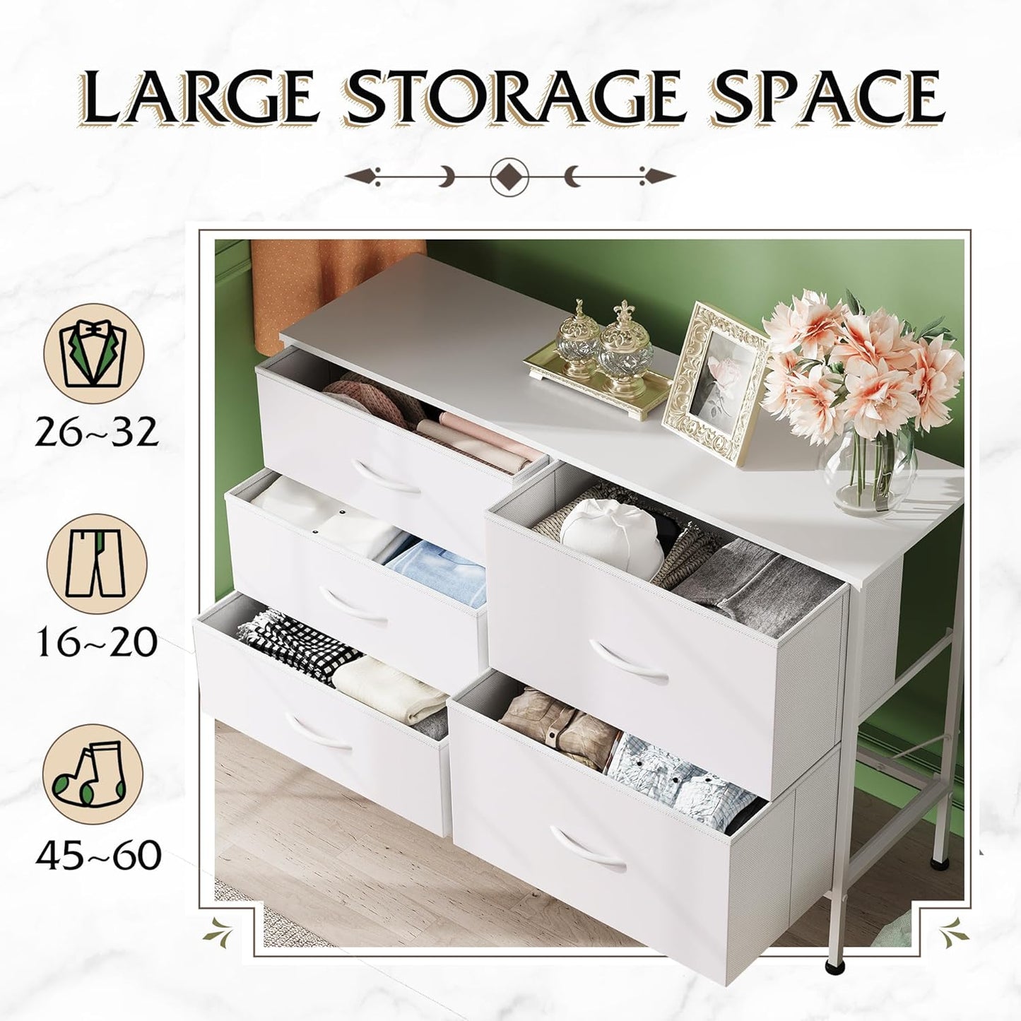 WLIVE White Dresser - 5 Drawer Fabric Chest for Bedroom, Living Room, Closet & Hallway
