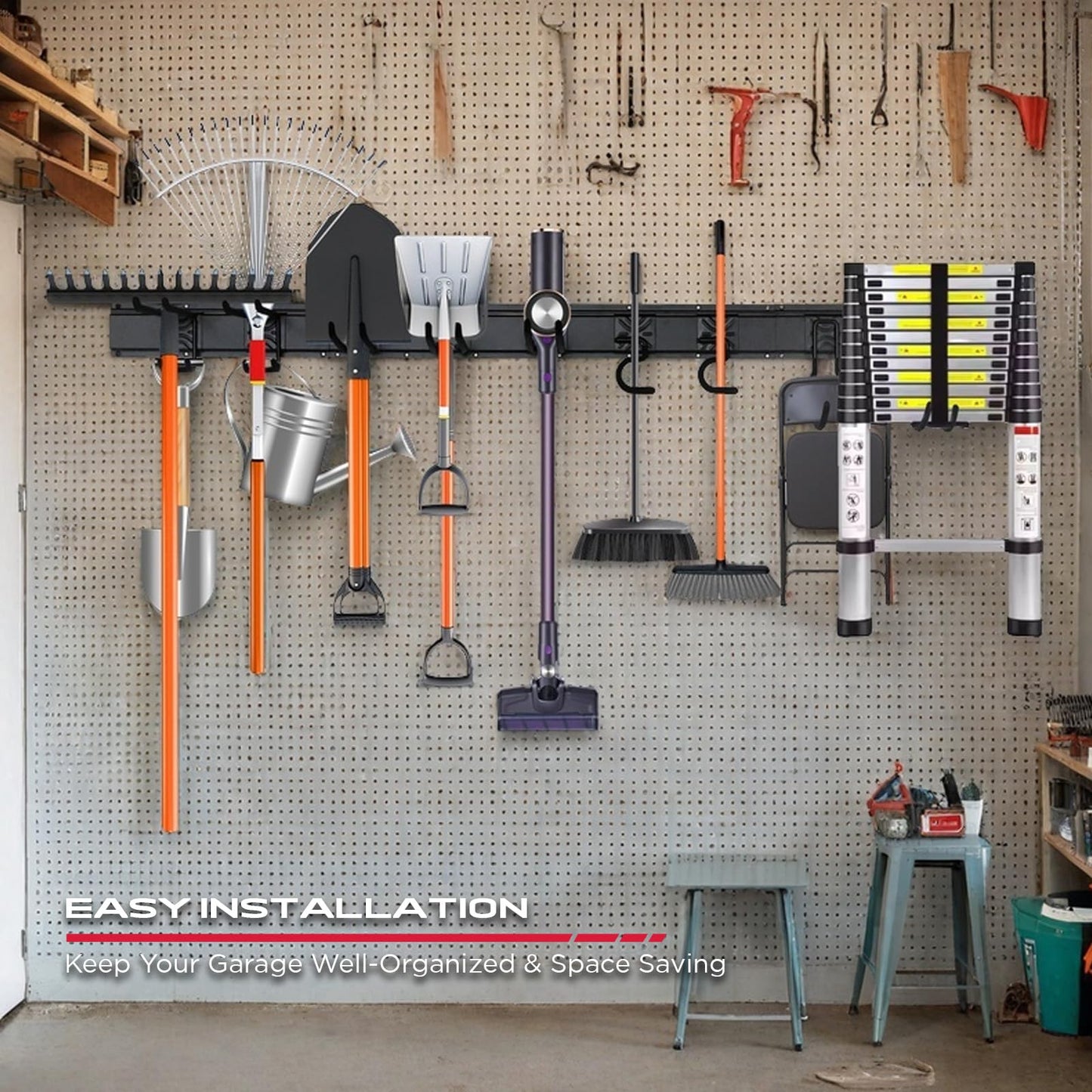SEDY 64" Heavy Duty Garage Storage Tool Organizer Wall Mount - Tool Rack with Adjustable Hooks, Anti-Rust, 300lbs Capacity - Easy Installation (4 Racks, 10 Hooks, 3 Straps)