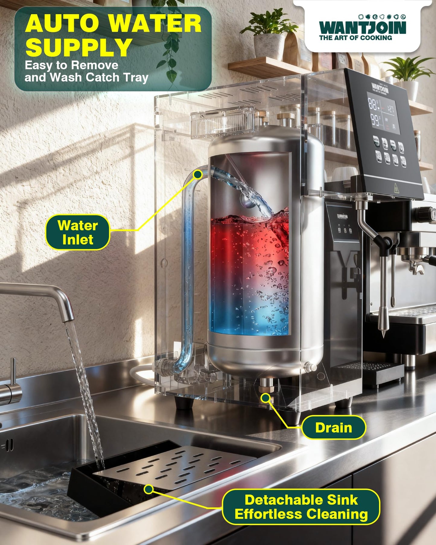 WantJoin Commercial Milk Frother - 2000W Milk Steamer for Latte Cappuccino Coffee, Beverage Heater with Hot Water Dispenser & LED Display, Hotel Use (White)