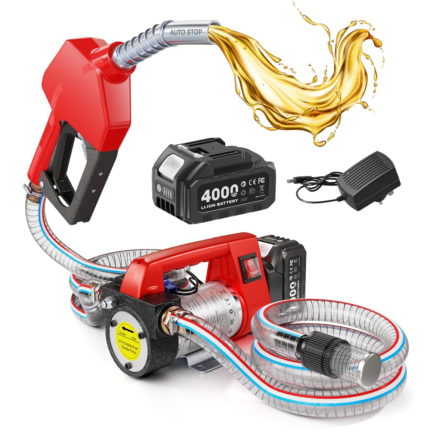 TaskStar Fuel Transfer Pump Battery Powered, 12GPM Electric Pump Kit with 18V 4.0Ah Battery & Charger, Portable Cordless Pump with Auto-off Nozzle & 2x 6.6FT Hoses for Diesel Kerosene Transfer