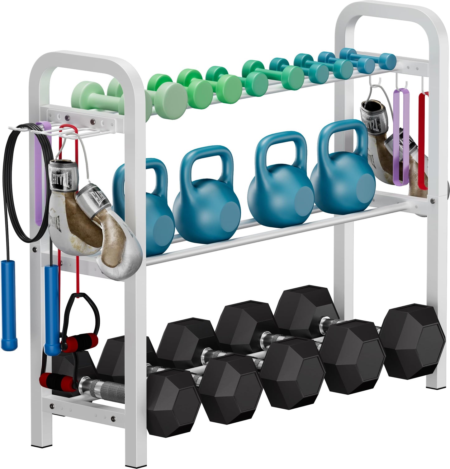Ansionsol 3-Tier Adjustable Dumbbell Rack, Weight Storage Stand Holder for Dumbbells & Kettlebells, Heavy-Duty Home Gym Organizer with 6 Hook for Home Gym Equipment Accessories, White(Rack Only)