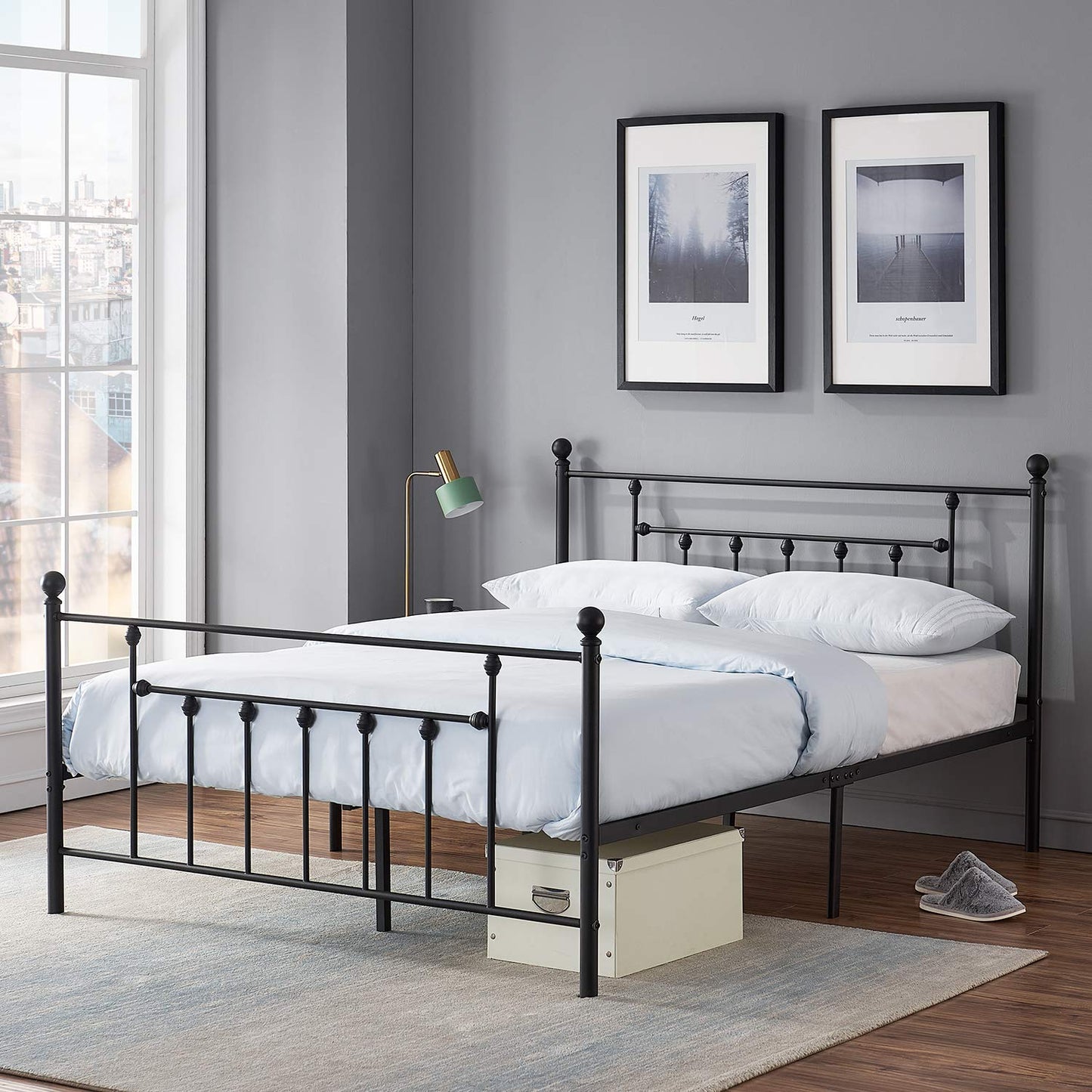 VECELO Full Size Metal Platform Bed Frame with Headboard and Footboard, Sturdy Steel Slat Support/No Box Spring Needed Mattress Foundation/Easy Assemble，Victorian Style, Pure White