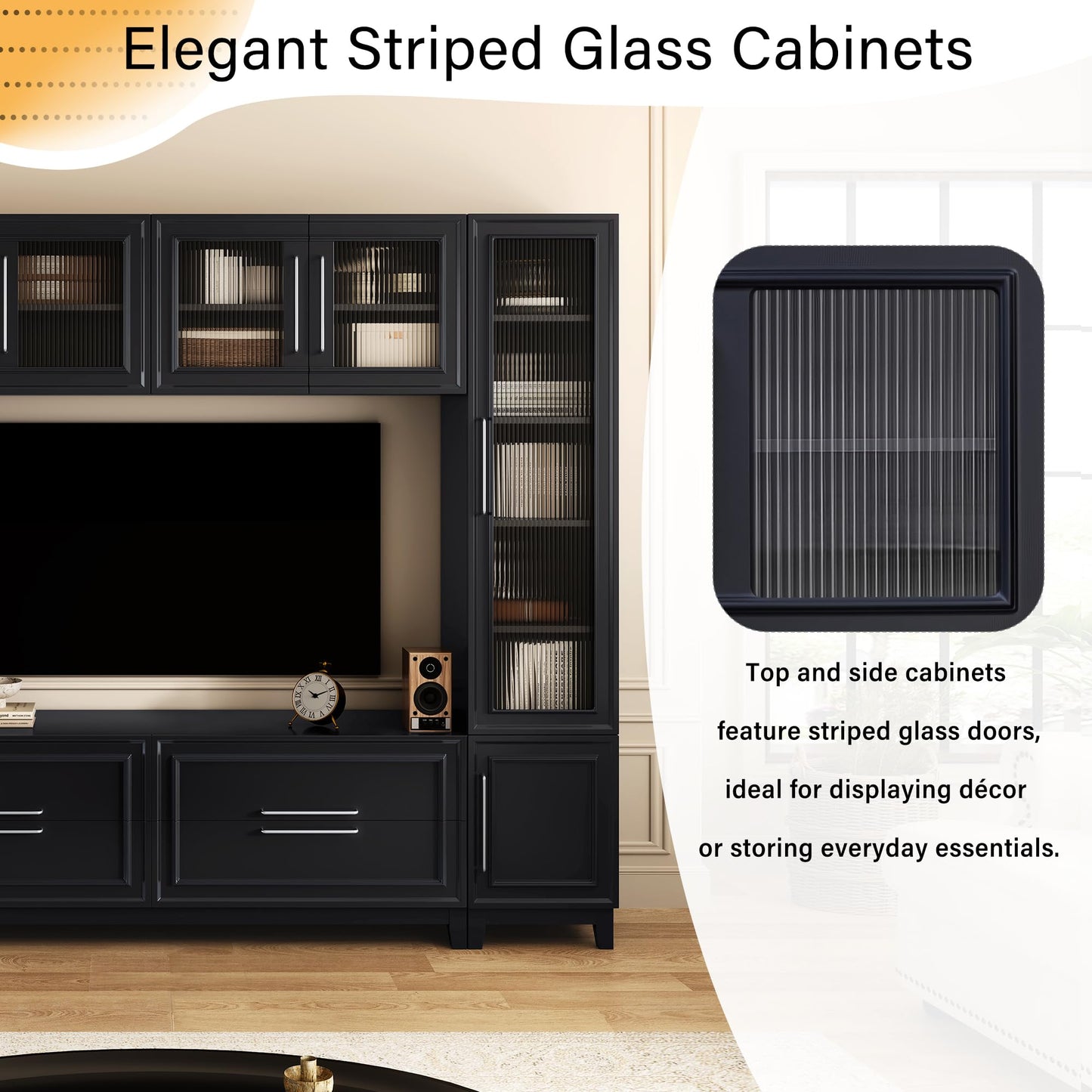 Merax 102" W Wall Unit Modern Entertainment Center with Glass Doors for TVs up to 75", Large Minimalist TV Stand Media Console with Drawers, Glass Doors for Living Room, Black