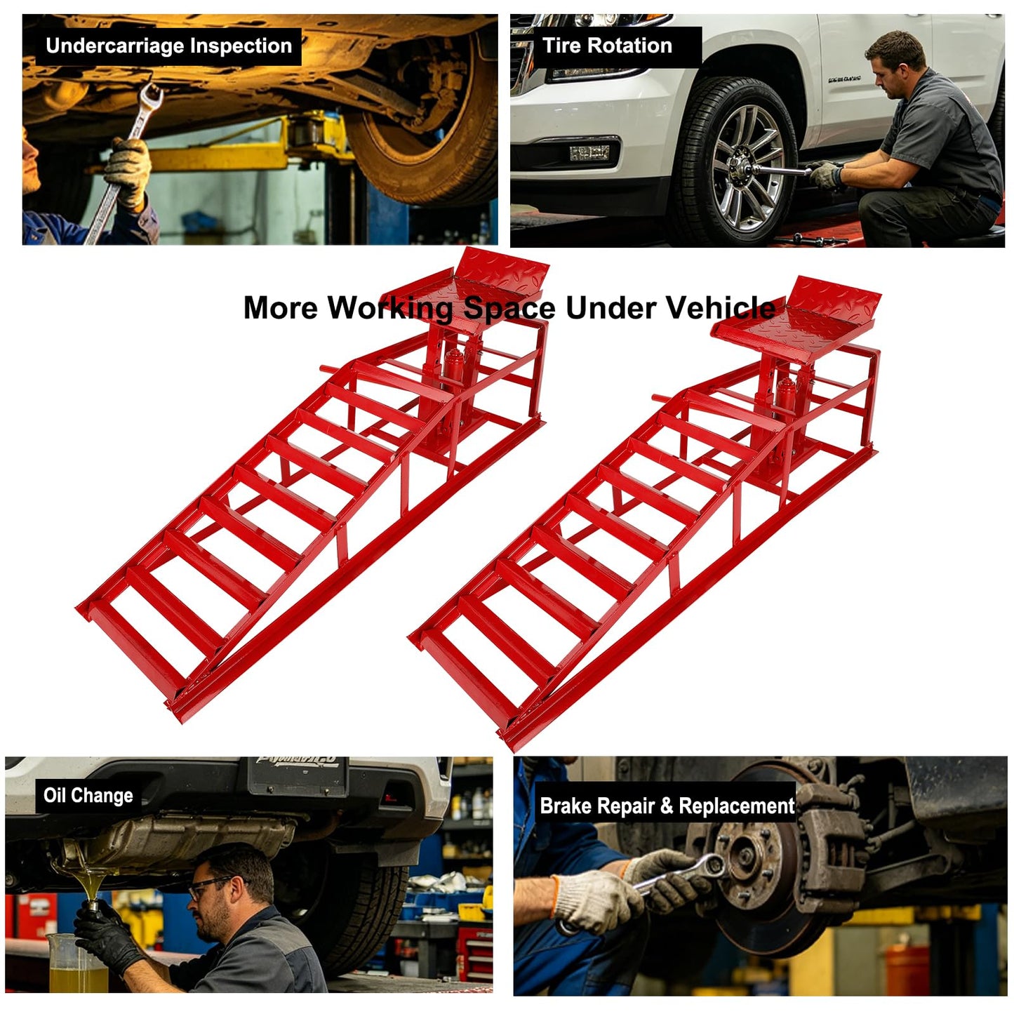 2-Pack 5 Ton Low Profile Hydraulic Car Ramps with Built-in Jack, Adjustable Vehicle Lift Service Ramps, 9.8" to 15" Height Range, Heavy Duty Steel Ramps for Oil Changes, SUVs & Light Trucks