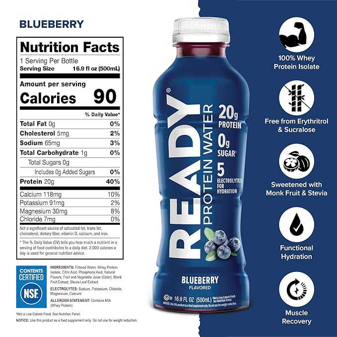 Ready® Protein Water ??20g Whey Protein Isolate, Zero Sugar, Low-Calorie Sports Drink for Hydration & Recovery ??Electrolytes, Essential Amino Acids ??Blueberry, 16.9 fl oz Bottles (12-Pack)
