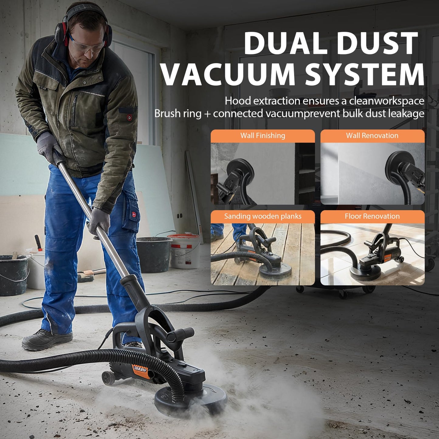 7 Inch Concrete Grinder Set with with Extendable Rod, 3800W Concrete Floor Polisher with Dust Extraction Shroud, 6 Gears, 6000RPM Concreter Surface Planner for Grinding Concrete Cement Marble