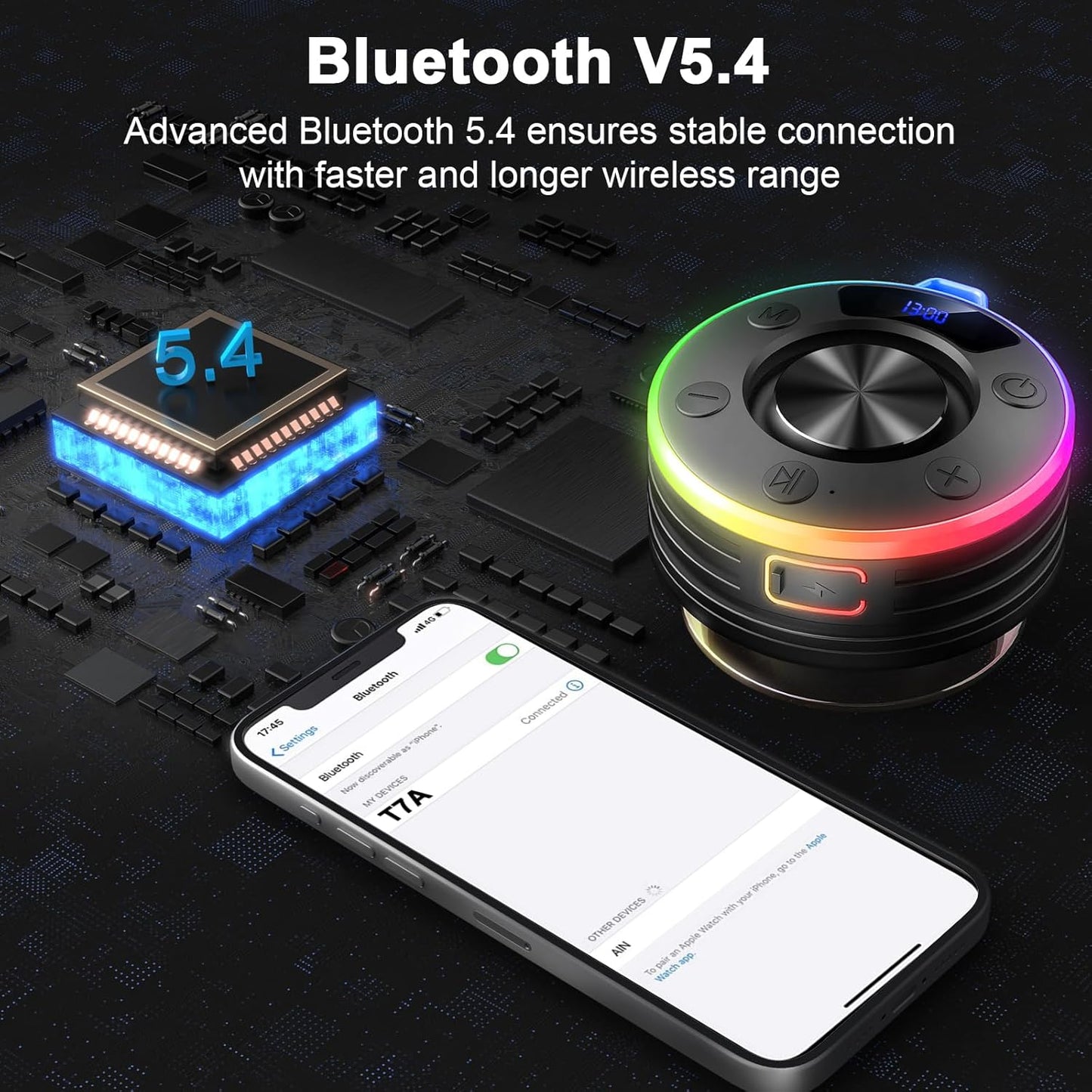 Dyurwa IPX7 Speakers Bluetooth Wireless, Shower Speaker with Lights, Waterproof Bluetooth Speakers with Suction Cup
