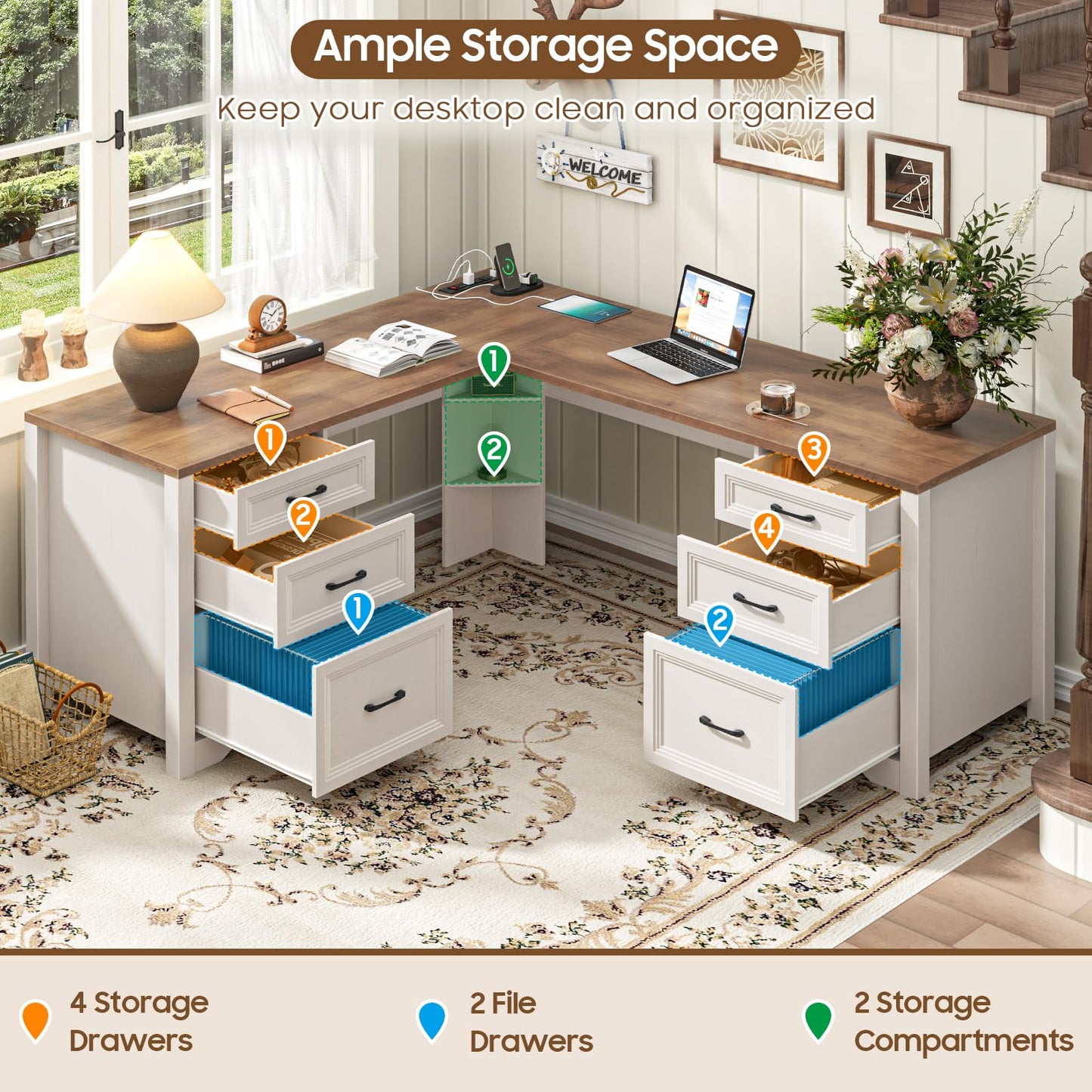 Vabches Wood L Shaped Executive Desk with 6 Drawers, Farmhouse Home Office Desk with Power Outlets and Triangle Under-Desk Storage Shelf & Drawer File Cabinet, Corner Computer Desk, Brown