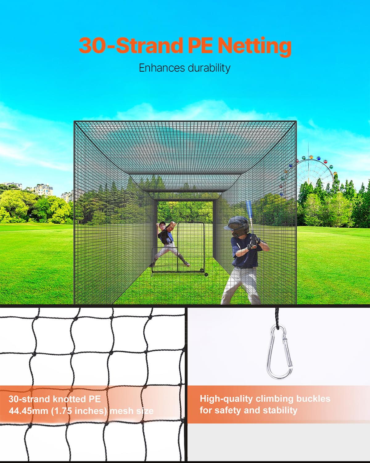 VEVOR Baseball Batting Netting,35 FT Softball Baseball Batting Hitting Training Net, Professional Practice Portable Pitching Cage, Heavy Duty Enclosed PE Net, with Door & Carry Bag (NET ONLY).