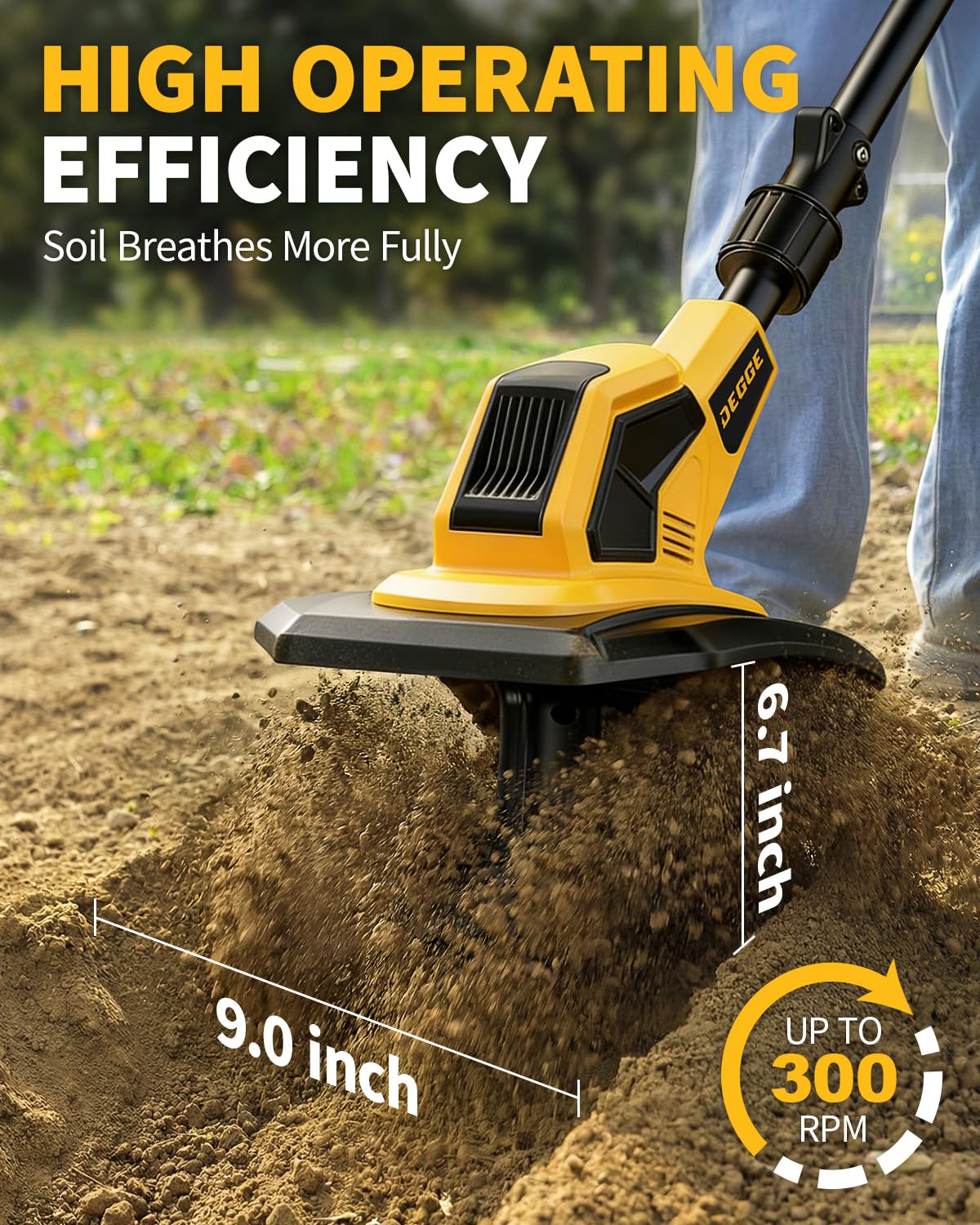 DEGGE Tiller, Cordless Tiller Cultivator with 48 Steel Tines, 9 inch Tilling Width and 6.7 inch Depth, 2 x 3.0Ah 21V Batteries & Charger, Gardening Tools for Lawn/Gardening/Soil Cultivation