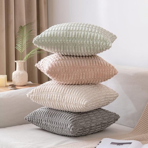 MIULEE Decorative Throw Pillow Covers - Soft Boho Striped Corduroy | 16x16 Inch, Light Green, Pack of 2